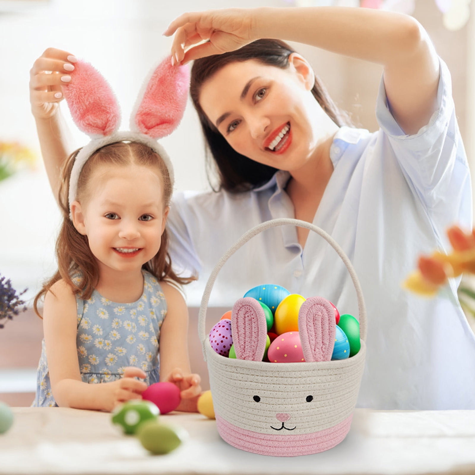 Darzheoy Easter Basket for Boys Girls Easter Bunny Basket with Rabbit Ears, Easter Egg Hunting Basket Easter Baskets for Kids Babies First Easter Gifts C - Image 5