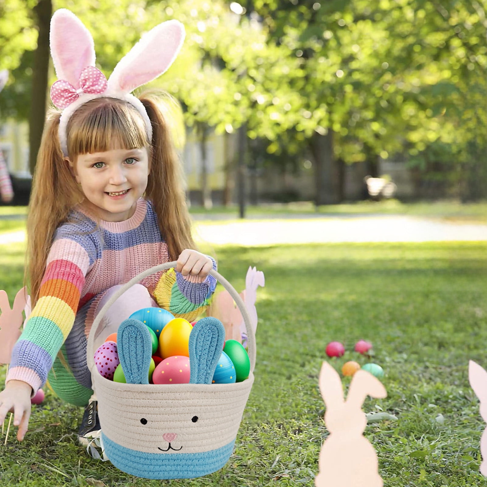 Darzheoy Easter Basket for Boys Girls Easter Bunny Basket with Rabbit Ears, Easter Egg Hunting Basket Easter Baskets for Kids Babies First Easter Gifts D - Image 4