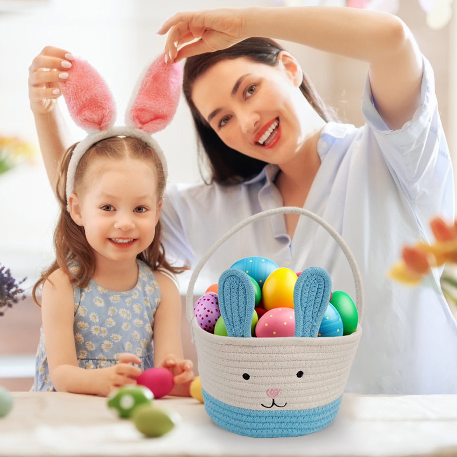 Darzheoy Easter Basket for Boys Girls Easter Bunny Basket with Rabbit Ears, Easter Egg Hunting Basket Easter Baskets for Kids Babies First Easter Gifts D - Image 5