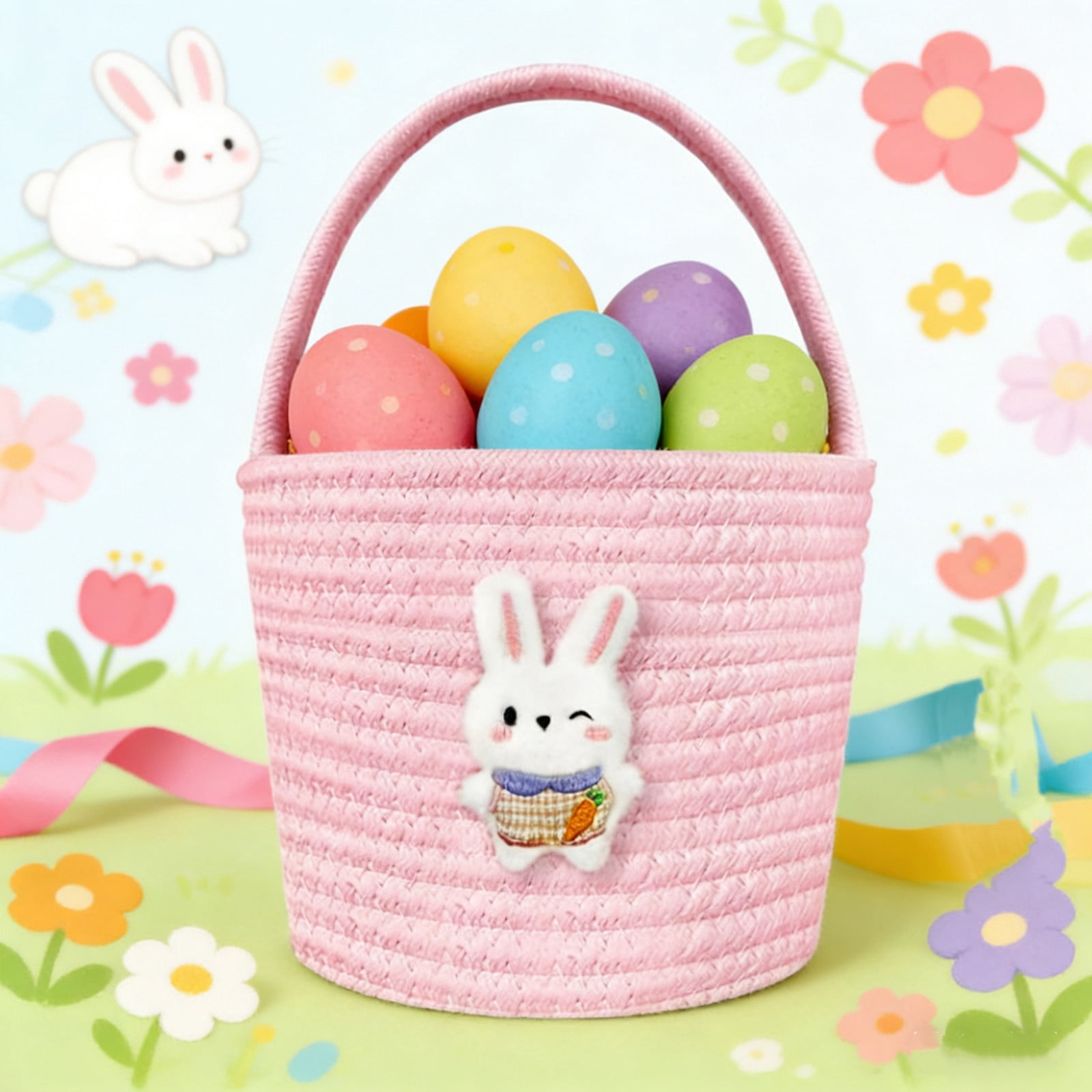 Darzheoy Easter Basket for Boys Girls Easter Bunny Basket with Rabbit Ears, Easter Egg Hunting Basket Easter Baskets for Kids Babies First Easter Gifts E - Image 1