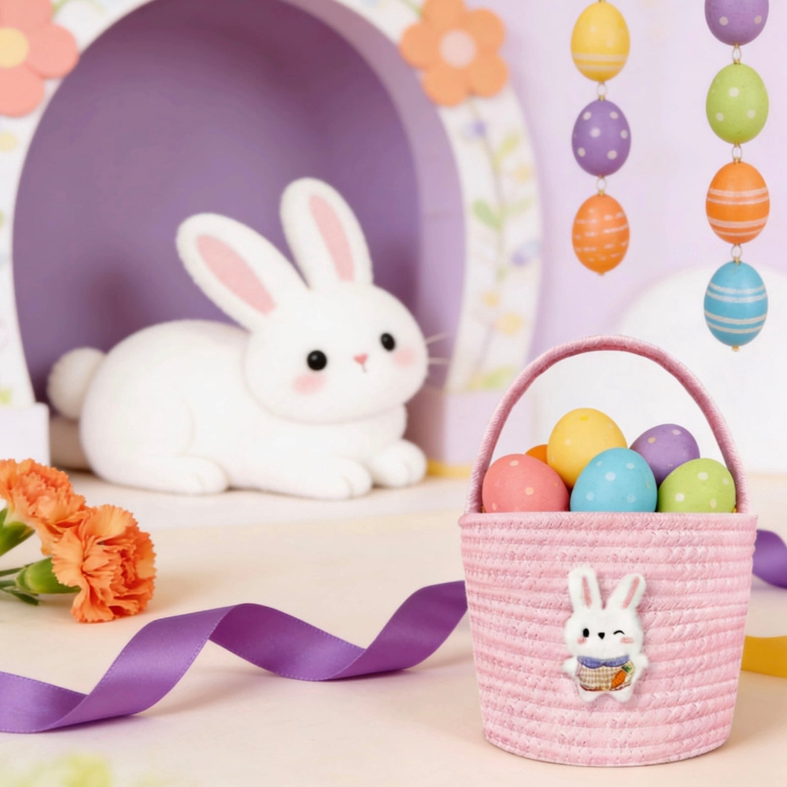 Darzheoy Easter Basket for Boys Girls Easter Bunny Basket with Rabbit Ears, Easter Egg Hunting Basket Easter Baskets for Kids Babies First Easter Gifts E - Image 5