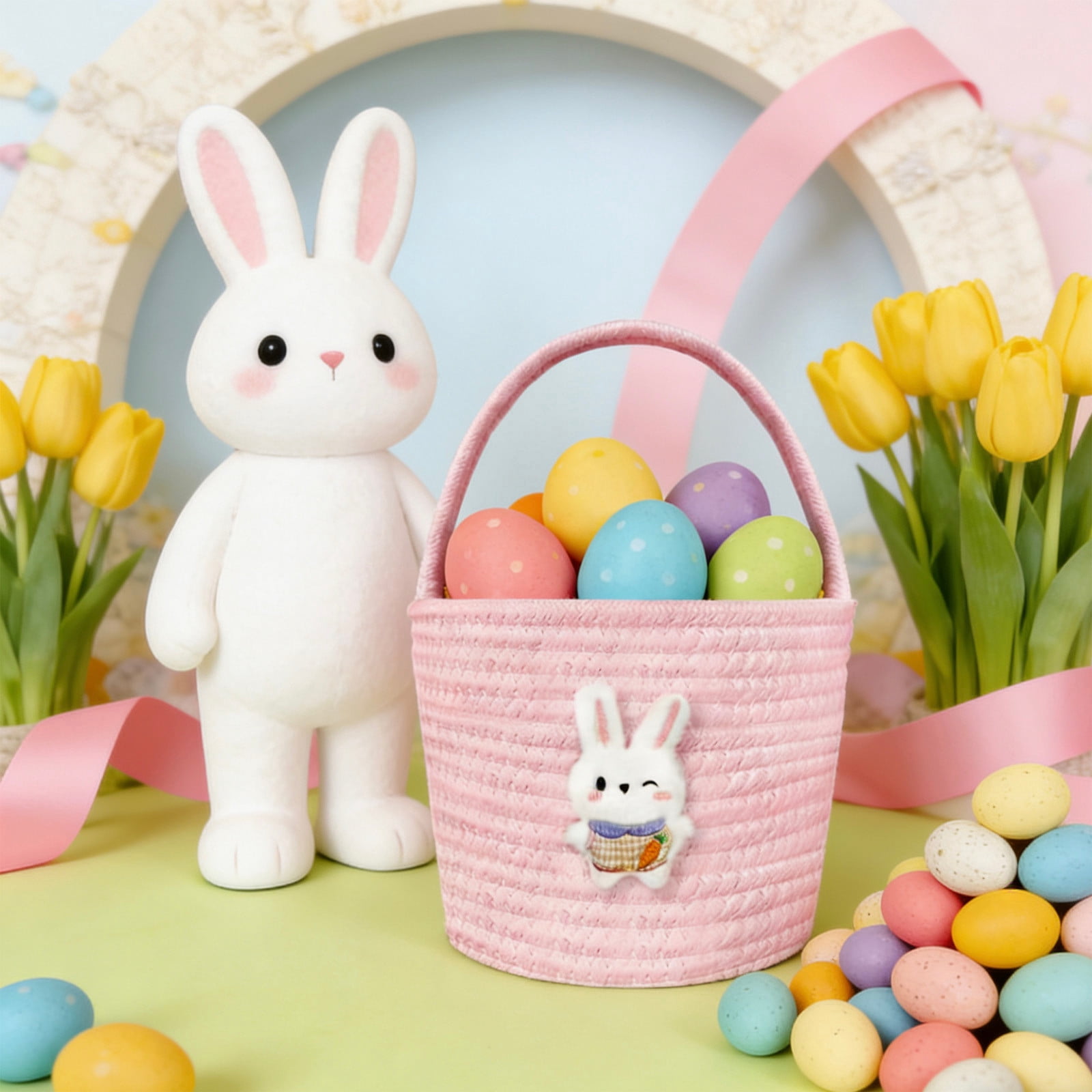 Darzheoy Easter Basket for Boys Girls Easter Bunny Basket with Rabbit Ears, Easter Egg Hunting Basket Easter Baskets for Kids Babies First Easter Gifts E - Image 6