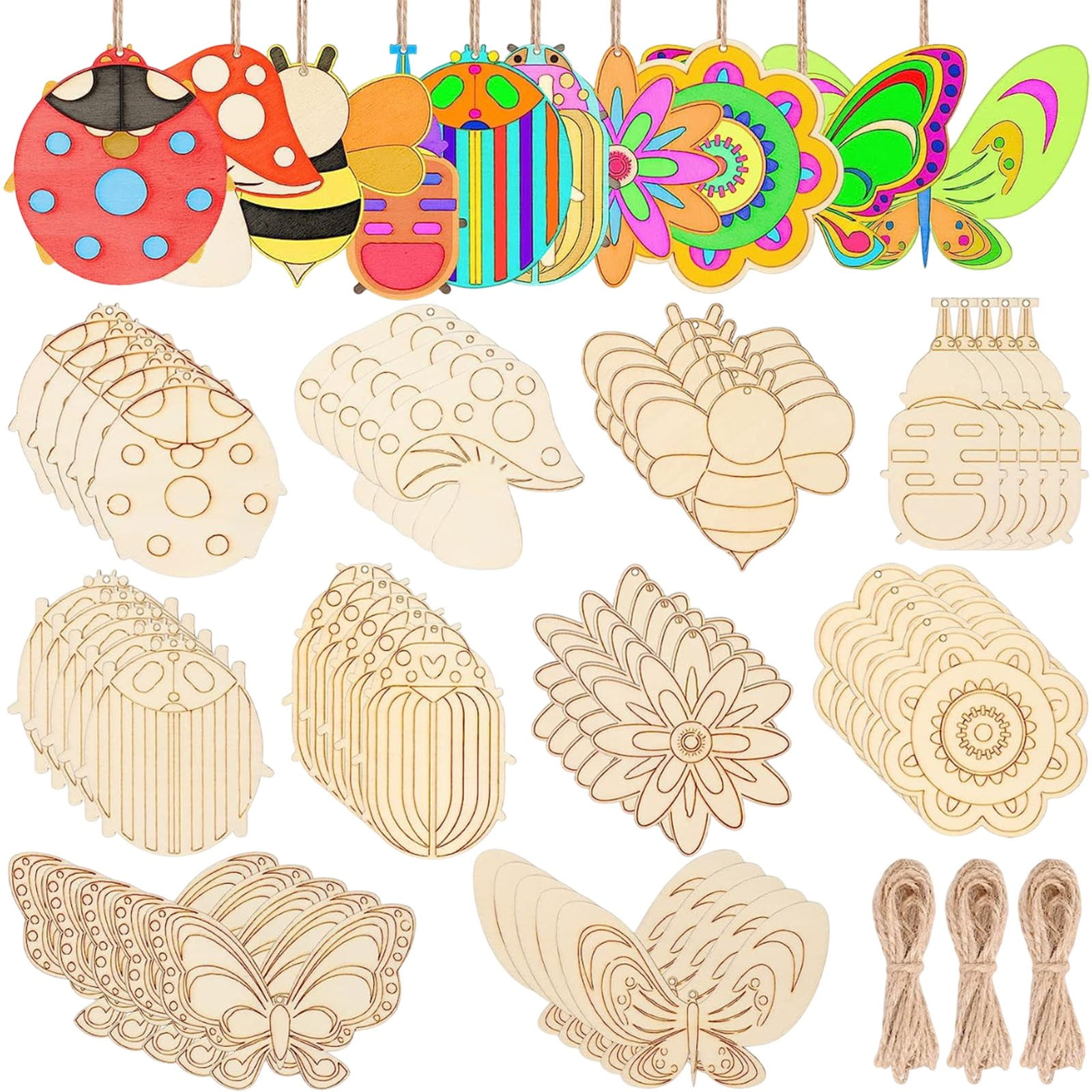 Darzheoy 60Pcs Wood Cutouts Ornaments for Crafts Butterfly Flower Unfinished Wooden Slices DIY Paint Crafts Blank Hanging Embellishment for Painting Spring Holiday Party Supplies Beige - Image 1