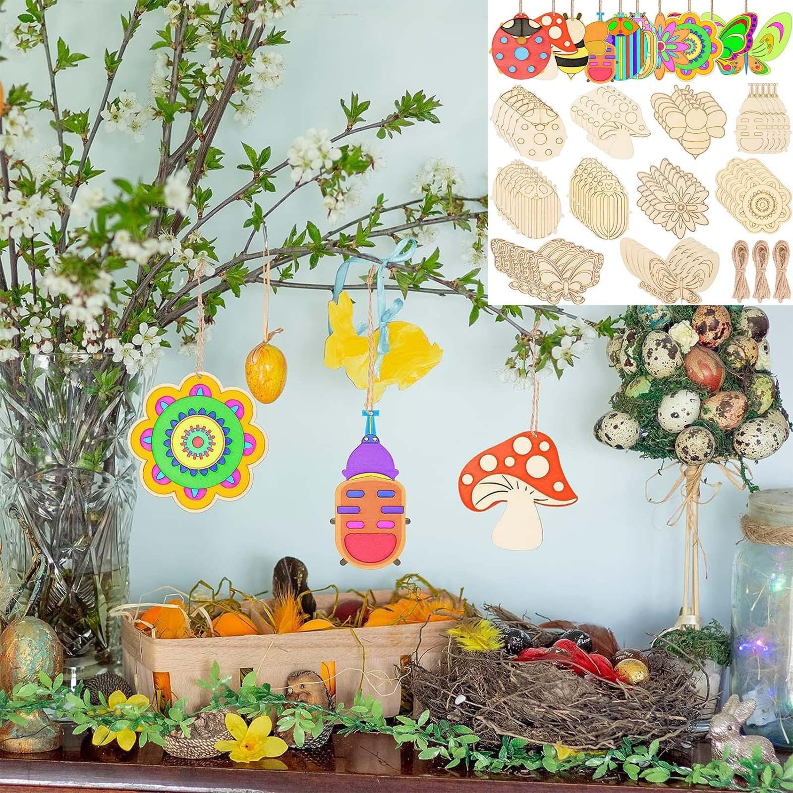 Darzheoy 60Pcs Wood Cutouts Ornaments for Crafts Butterfly Flower Unfinished Wooden Slices DIY Paint Crafts Blank Hanging Embellishment for Painting Spring Holiday Party Supplies Beige - Image 3