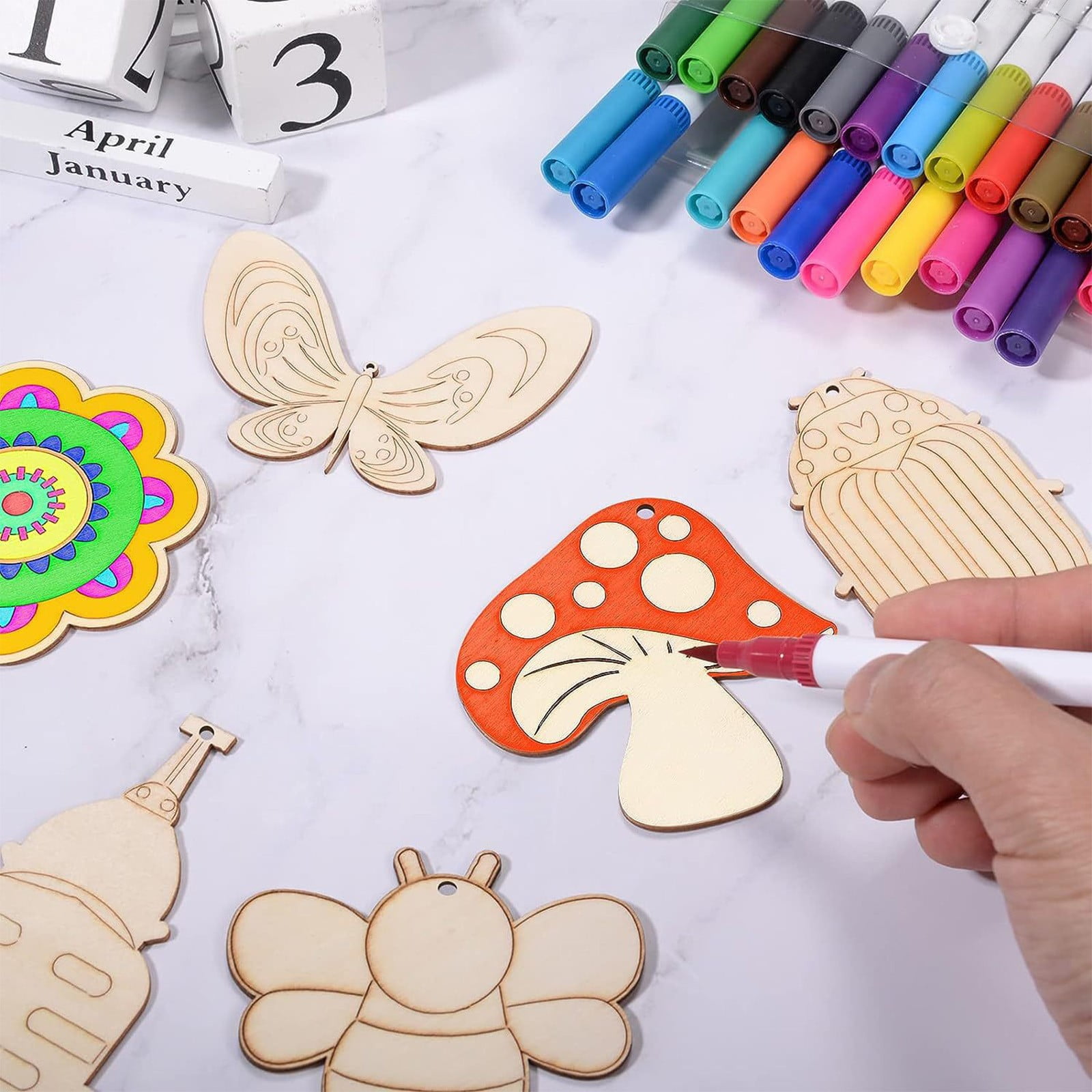 Darzheoy 60Pcs Wood Cutouts Ornaments for Crafts Butterfly Flower Unfinished Wooden Slices DIY Paint Crafts Blank Hanging Embellishment for Painting Spring Holiday Party Supplies Beige - Image 4