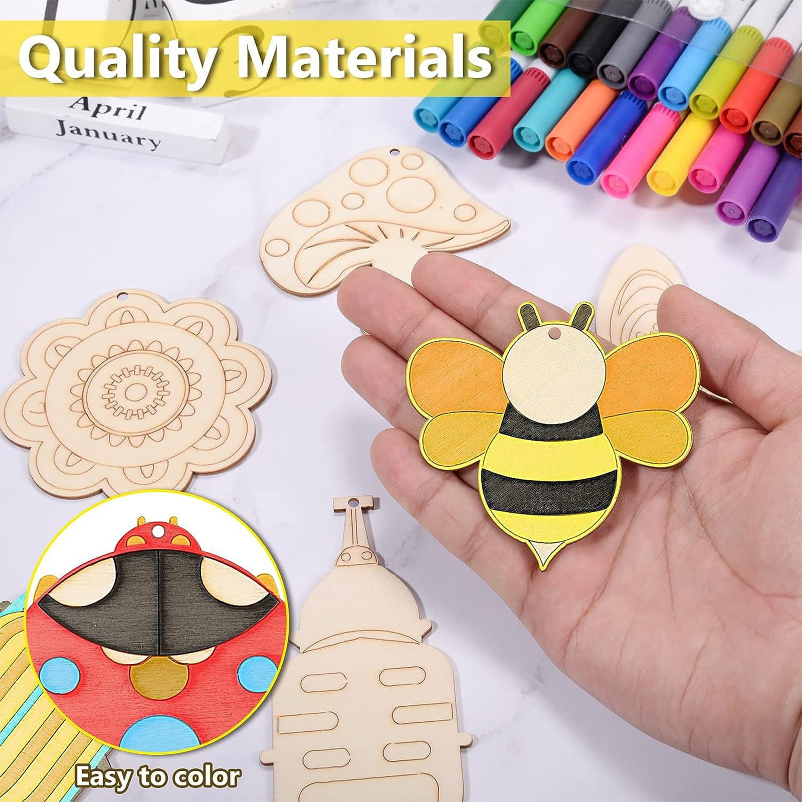 Darzheoy 60Pcs Wood Cutouts Ornaments for Crafts Butterfly Flower Unfinished Wooden Slices DIY Paint Crafts Blank Hanging Embellishment for Painting Spring Holiday Party Supplies Beige - Image 5