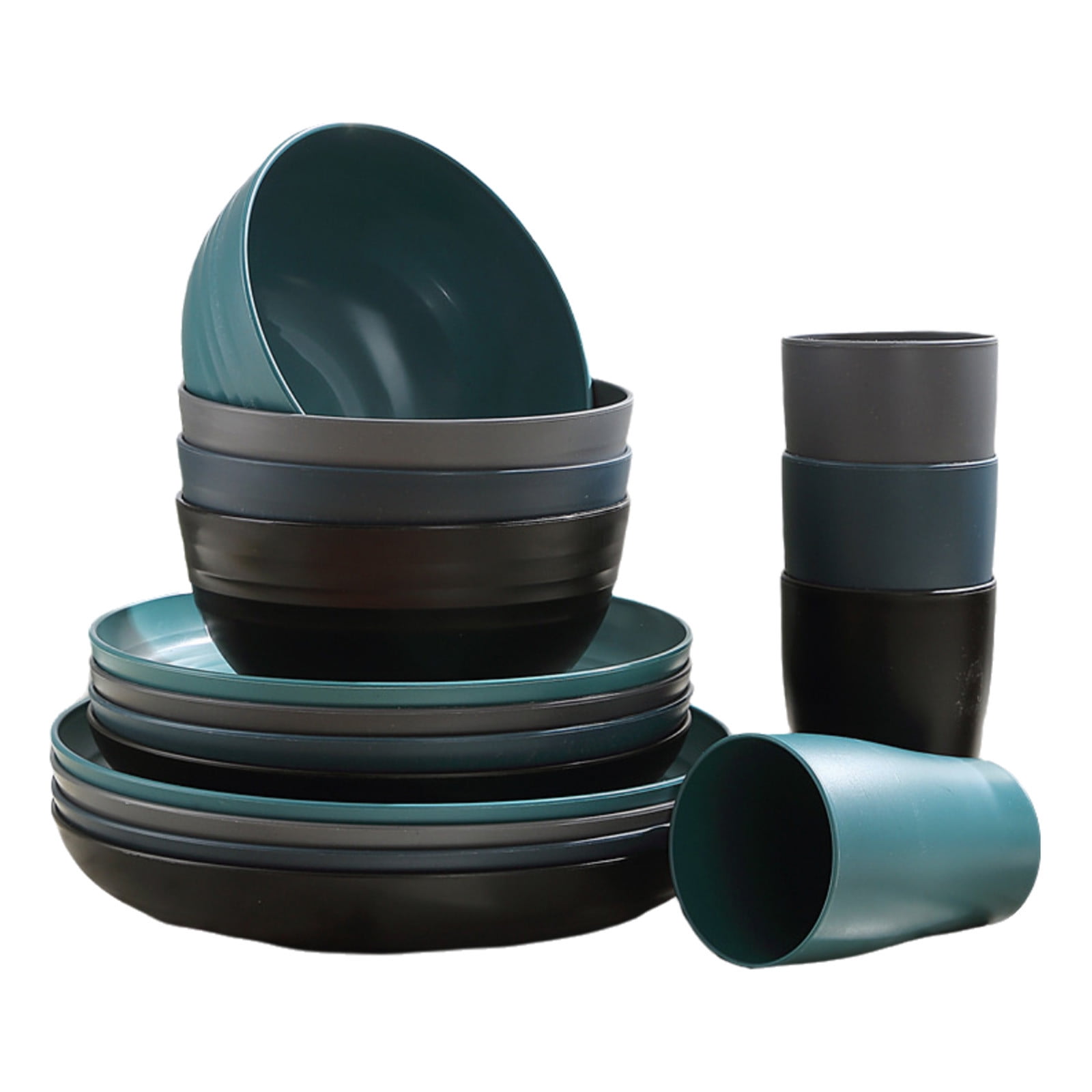 Darzheoy 16 Pieces Kitchen Dinnerware Set, Service for 8, Dinner Plates, Dessert Plate, Cereal Bowls, Cups, Colorful Plastic Outdoor Camping Dishes Green - Image 1