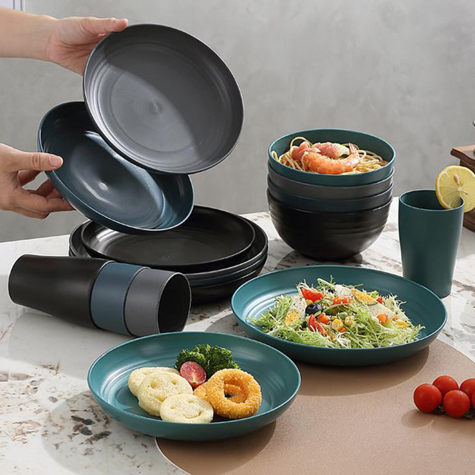 Darzheoy 16 Pieces Kitchen Dinnerware Set, Service for 8, Dinner Plates, Dessert Plate, Cereal Bowls, Cups, Colorful Plastic Outdoor Camping Dishes Green - Image 3