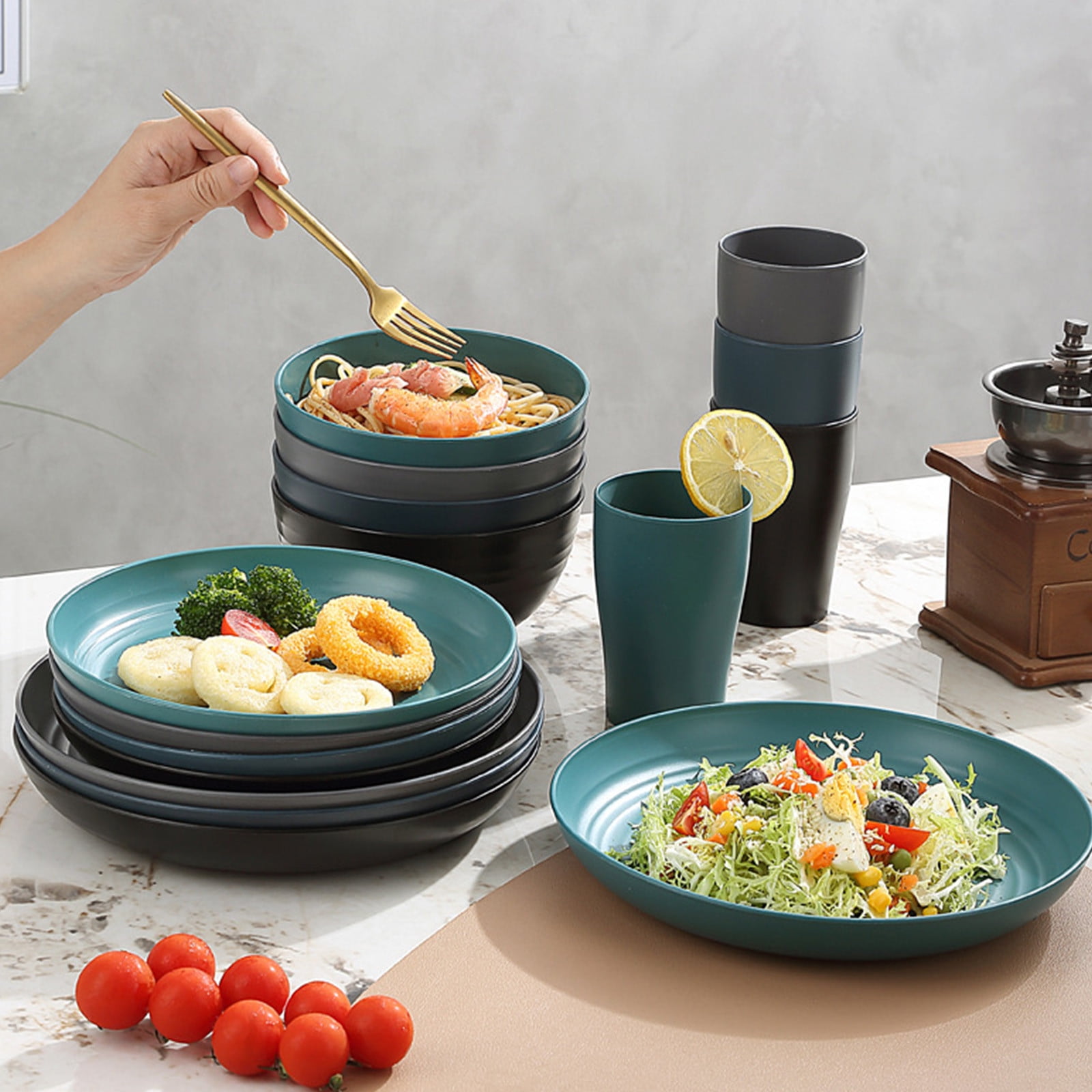 Darzheoy 16 Pieces Kitchen Dinnerware Set, Service for 8, Dinner Plates, Dessert Plate, Cereal Bowls, Cups, Colorful Plastic Outdoor Camping Dishes Green - Image 4