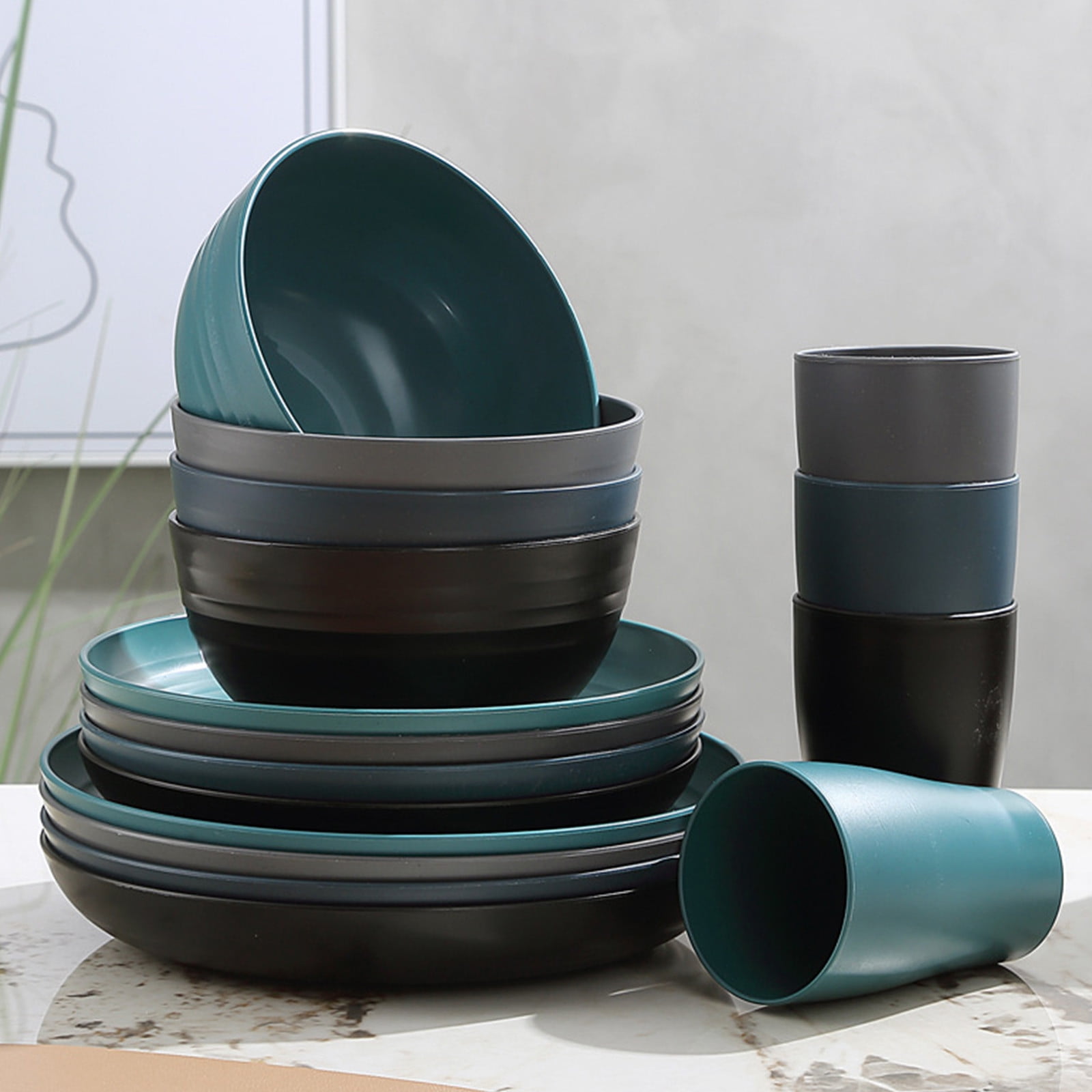 Darzheoy 16 Pieces Kitchen Dinnerware Set, Service for 8, Dinner Plates, Dessert Plate, Cereal Bowls, Cups, Colorful Plastic Outdoor Camping Dishes Green - Image 5