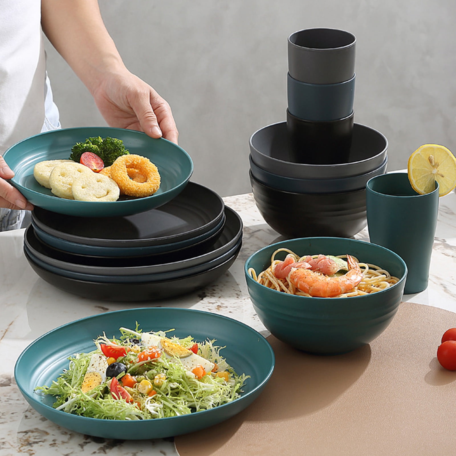 Darzheoy 16 Pieces Kitchen Dinnerware Set, Service for 8, Dinner Plates, Dessert Plate, Cereal Bowls, Cups, Colorful Plastic Outdoor Camping Dishes Green - Image 6