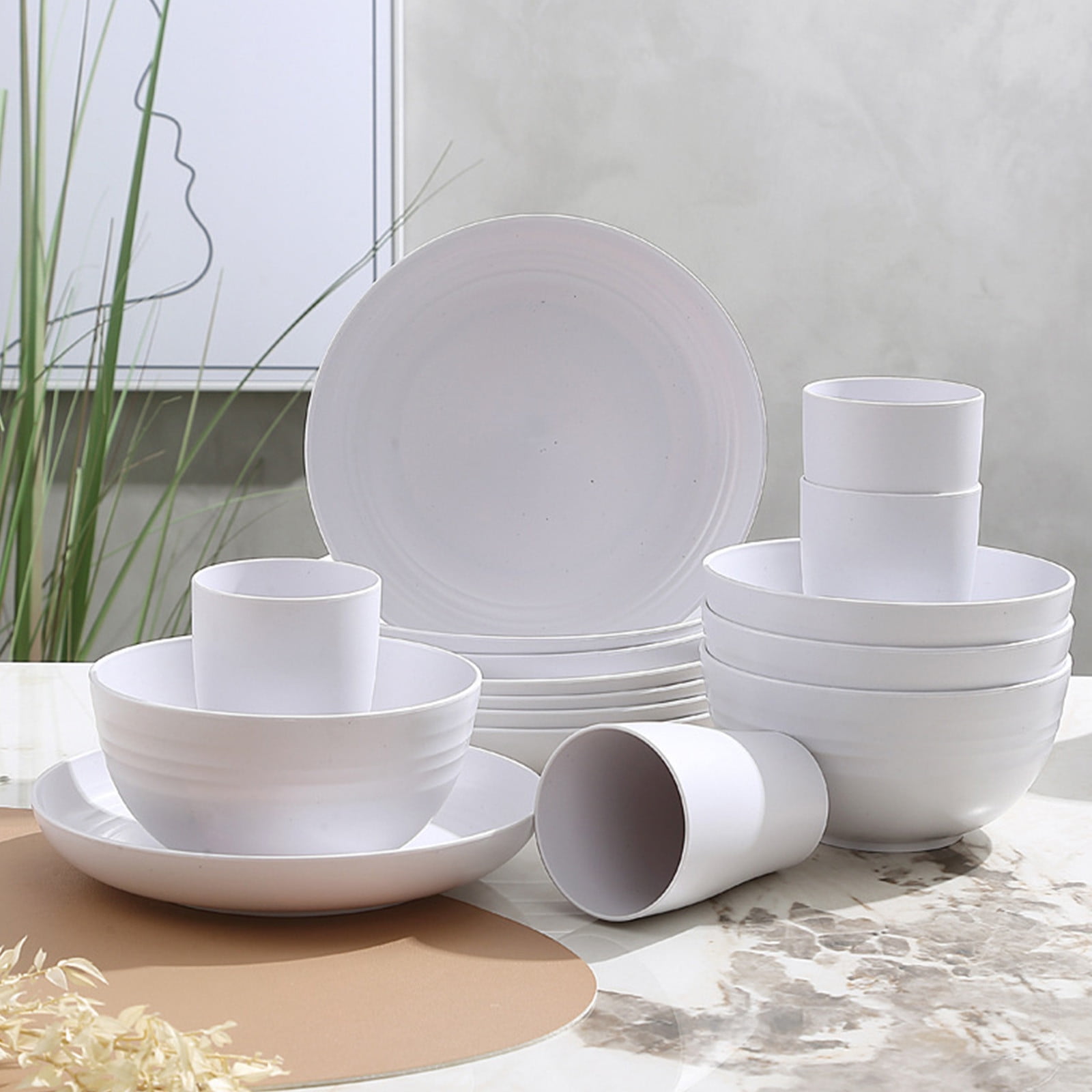 Darzheoy 16 Pieces Kitchen Dinnerware Set, Service for 8, Dinner Plates, Dessert Plate, Cereal Bowls, Cups, Colorful Plastic Outdoor Camping Dishes White - Image 3