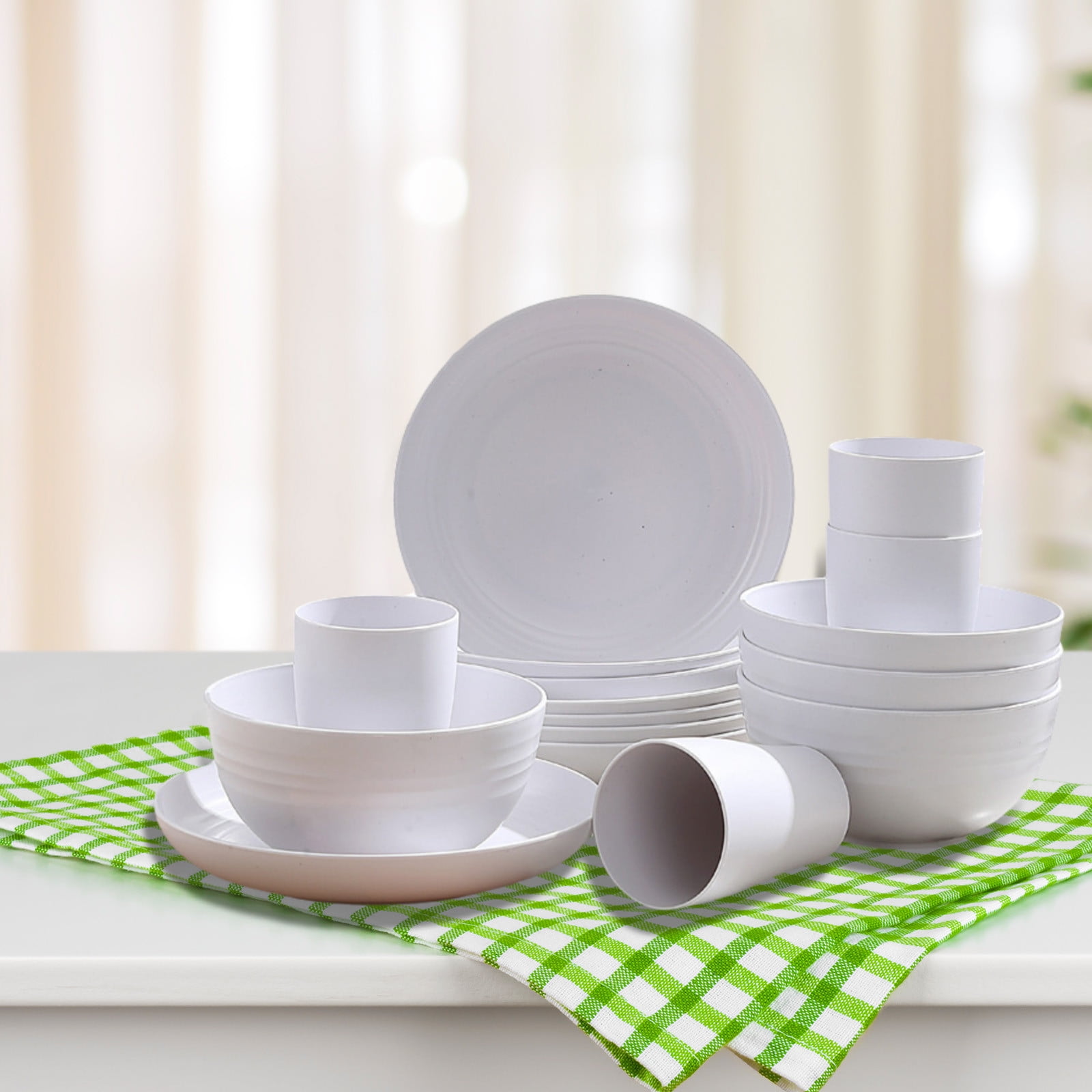 Darzheoy 16 Pieces Kitchen Dinnerware Set, Service for 8, Dinner Plates, Dessert Plate, Cereal Bowls, Cups, Colorful Plastic Outdoor Camping Dishes White - Image 4