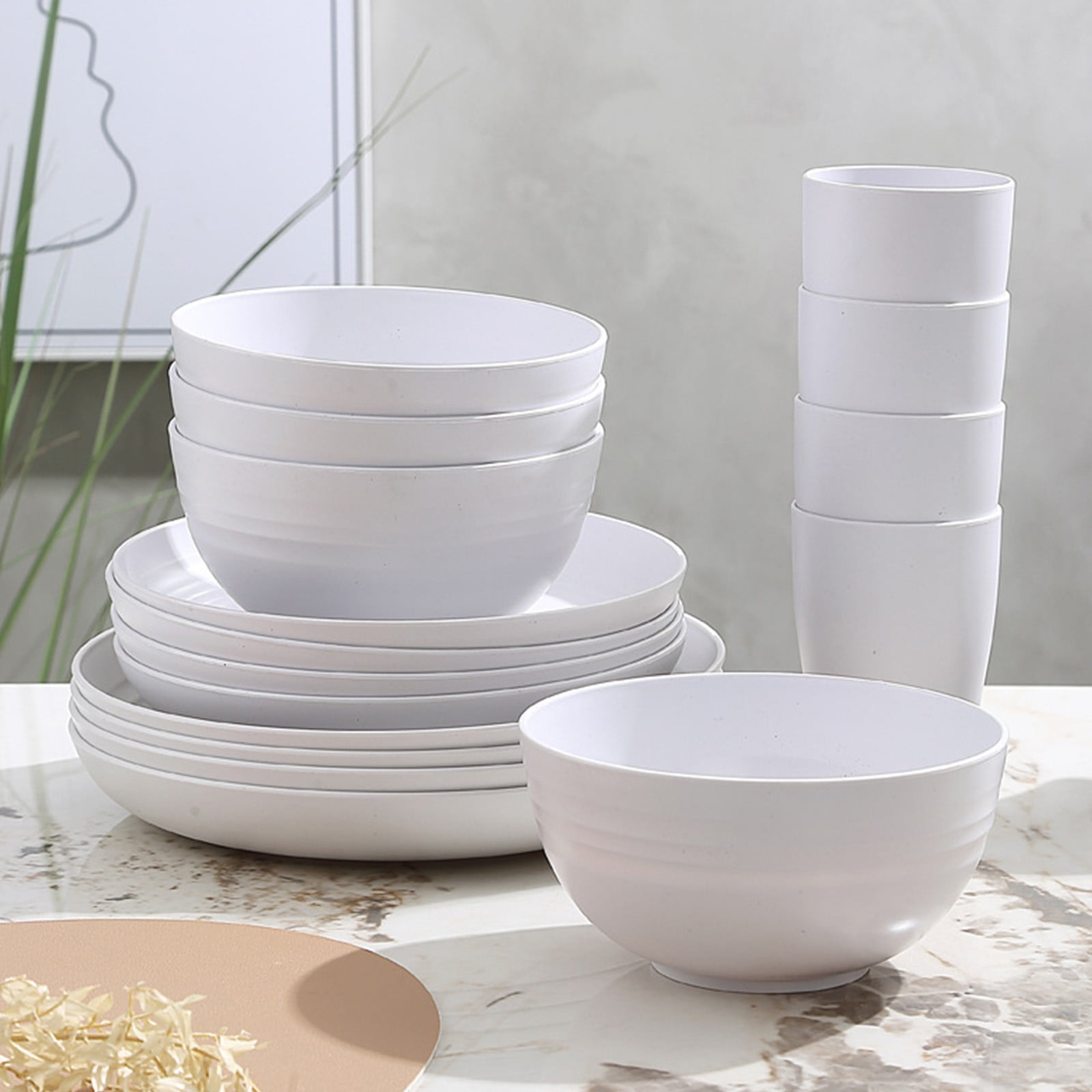Darzheoy 16 Pieces Kitchen Dinnerware Set, Service for 8, Dinner Plates, Dessert Plate, Cereal Bowls, Cups, Colorful Plastic Outdoor Camping Dishes White - Image 5