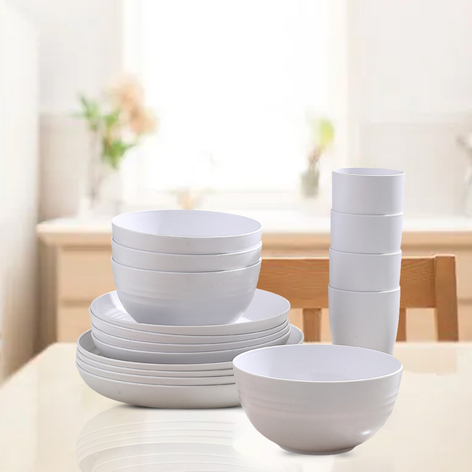 Darzheoy 16 Pieces Kitchen Dinnerware Set, Service for 8, Dinner Plates, Dessert Plate, Cereal Bowls, Cups, Colorful Plastic Outdoor Camping Dishes White - Image 6