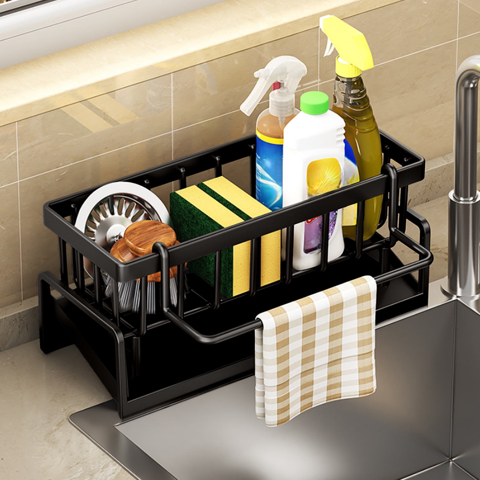 Darzheoy Sponge Holder for Kitchen Sink, Auto Draining Kitchen Sink Caddy, Rustproof Steel Dish Sponge Organizer with Removable Dishcloth Rack, Soap Dispenser Brush Holder Black - Image 1