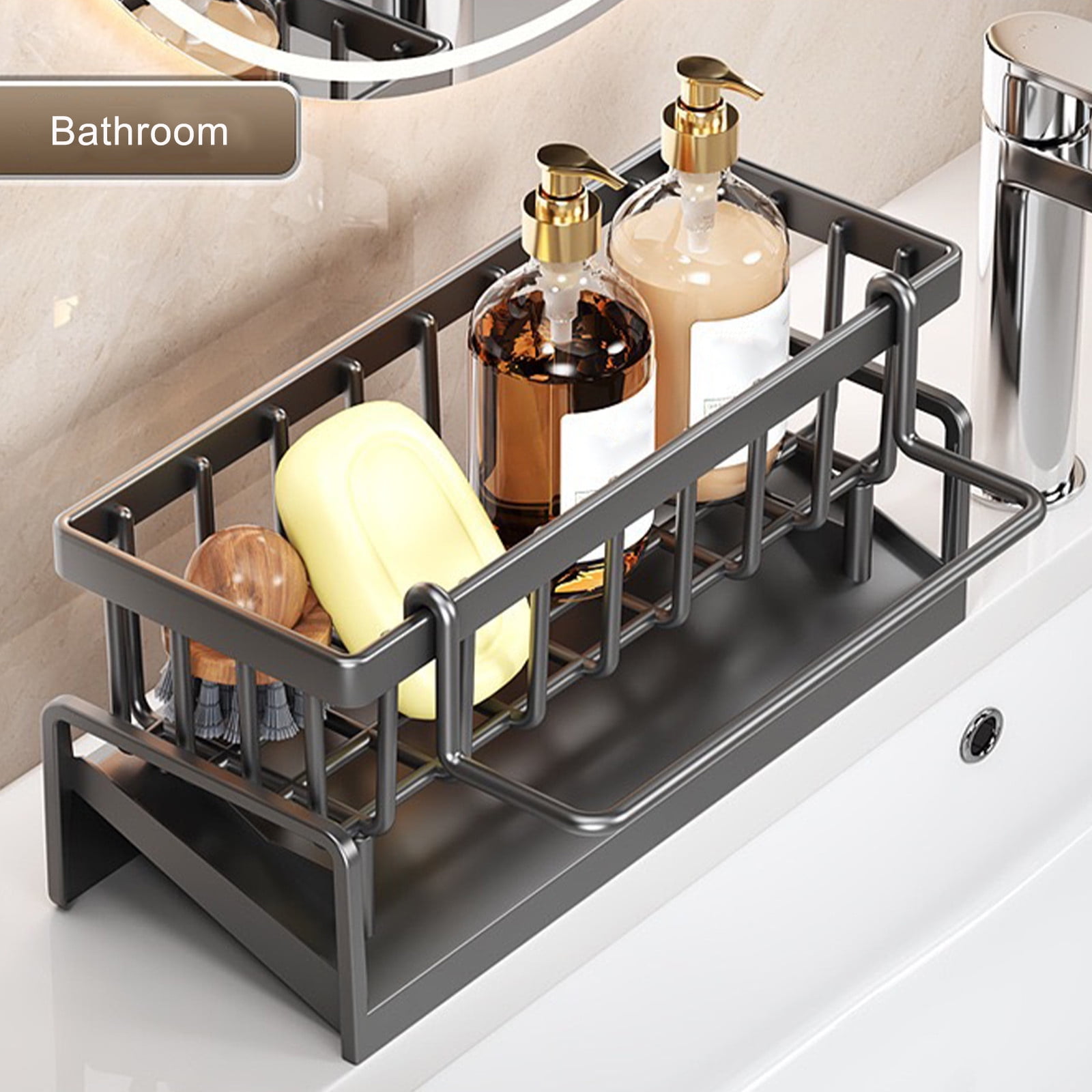 Darzheoy Sponge Holder for Kitchen Sink, Auto Draining Kitchen Sink Caddy, Rustproof Steel Dish Sponge Organizer with Removable Dishcloth Rack, Soap Dispenser Brush Holder Gray - Image 4
