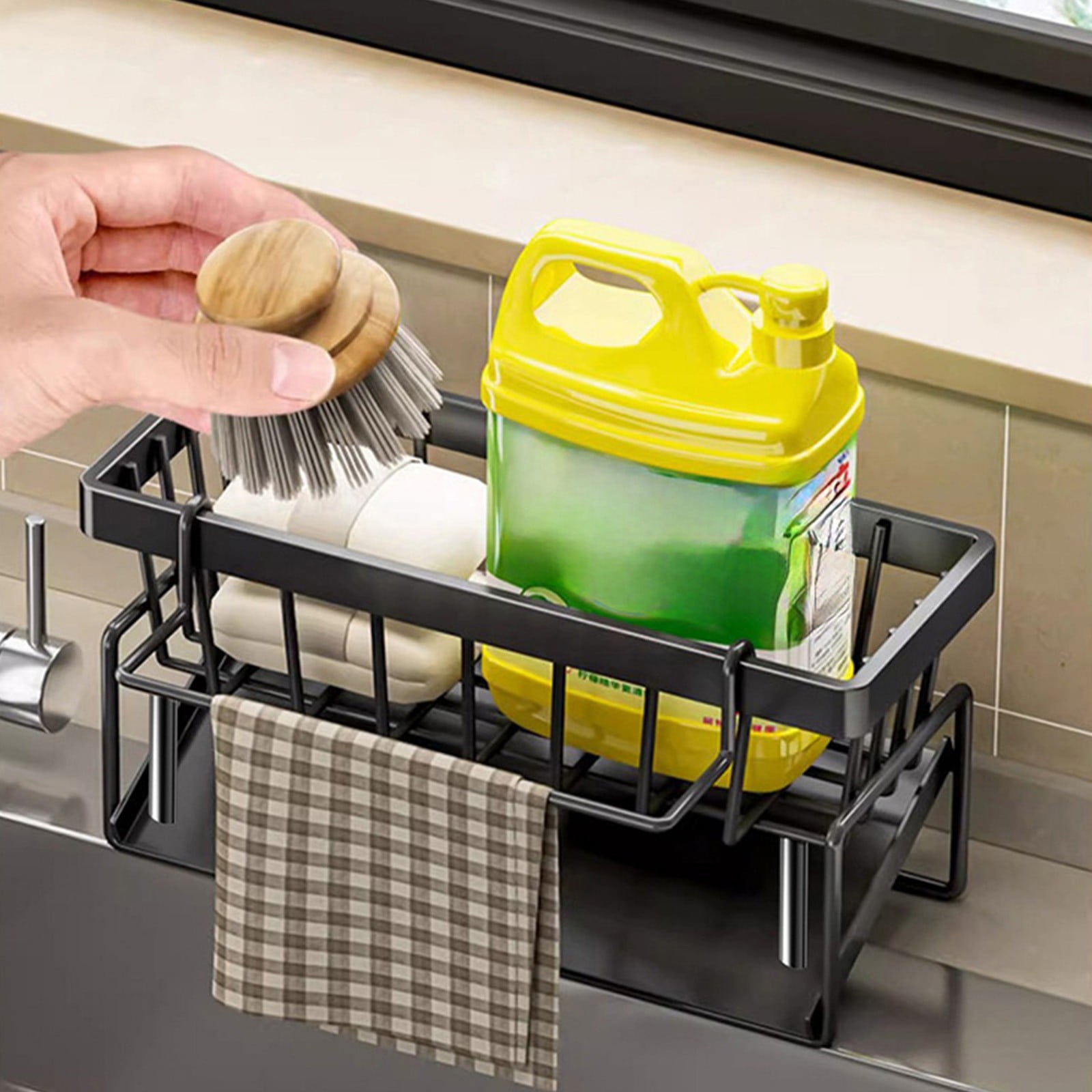Darzheoy Sponge Holder for Kitchen Sink, Auto Draining Kitchen Sink Caddy, Rustproof Steel Dish Sponge Organizer with Removable Dishcloth Rack, Soap Dispenser Brush Holder X-Black - Image 4