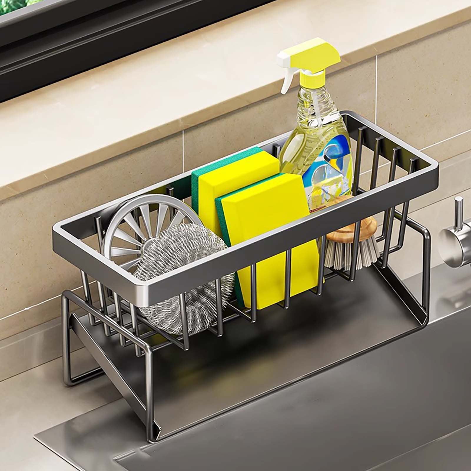 Darzheoy Sponge Holder for Kitchen Sink, Auto Draining Kitchen Sink Caddy, Rustproof Steel Dish Sponge Organizer with Removable Dishcloth Rack, Soap Dispenser Brush Holder X-Gray - Image 1