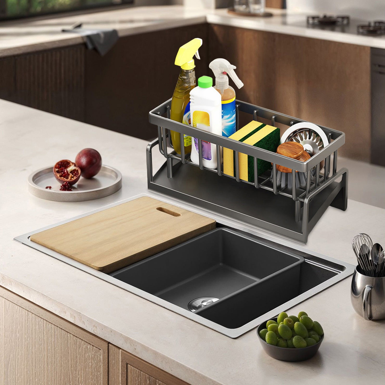 Darzheoy Sponge Holder for Kitchen Sink, Auto Draining Kitchen Sink Caddy, Rustproof Steel Dish Sponge Organizer with Removable Dishcloth Rack, Soap Dispenser Brush Holder X-Gray - Image 4