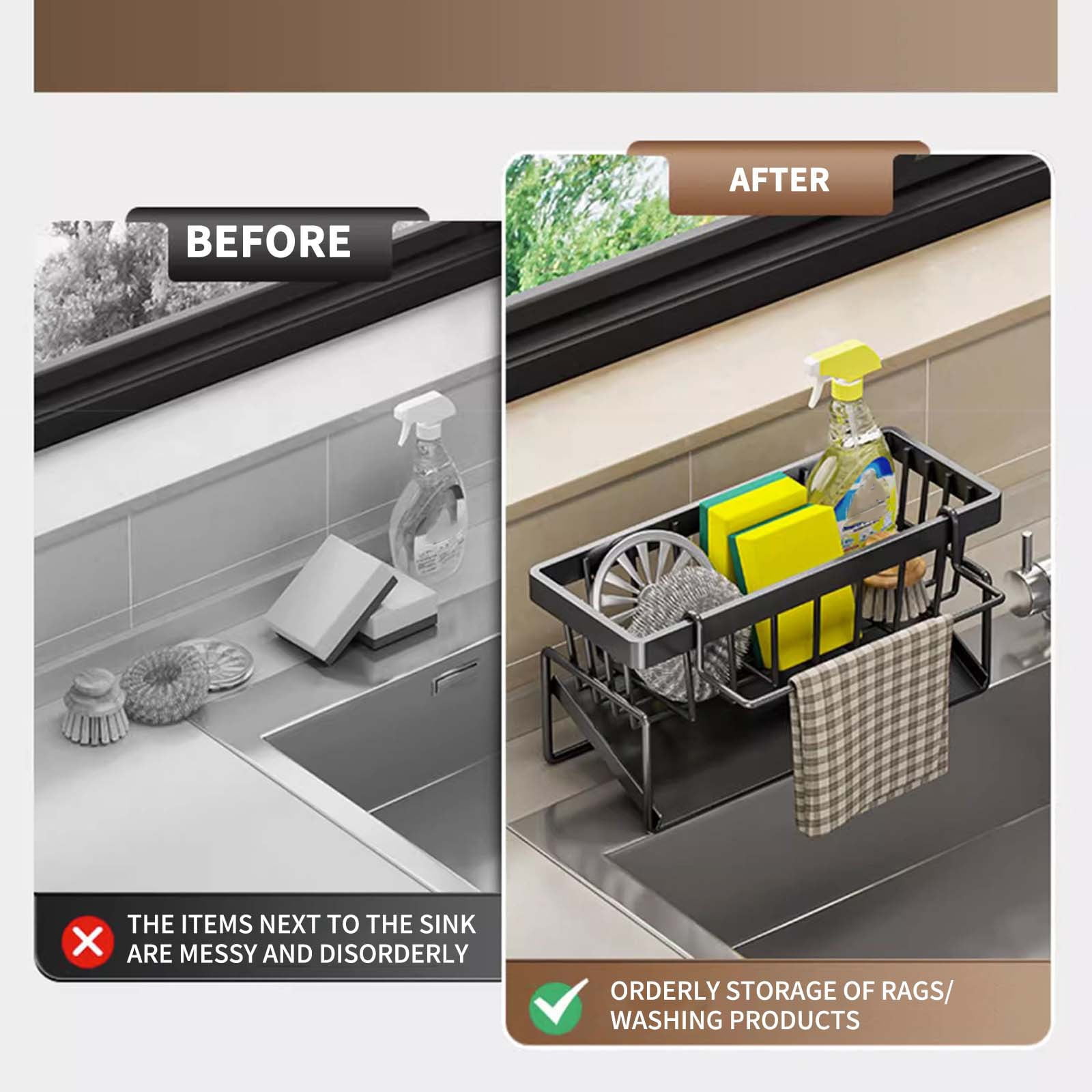 Darzheoy Sponge Holder for Kitchen Sink, Auto Draining Kitchen Sink Caddy, Rustproof Steel Dish Sponge Organizer with Removable Dishcloth Rack, Soap Dispenser Brush Holder X-Gray - Image 5