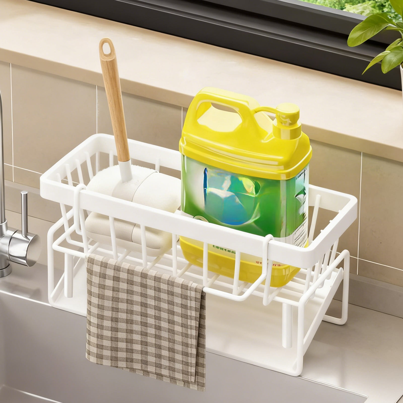 Darzheoy Sponge Holder for Kitchen Sink, Auto Draining Kitchen Sink Caddy, Rustproof Steel Dish Sponge Organizer with Removable Dishcloth Rack, Soap Dispenser Brush Holder X-White - Image 1