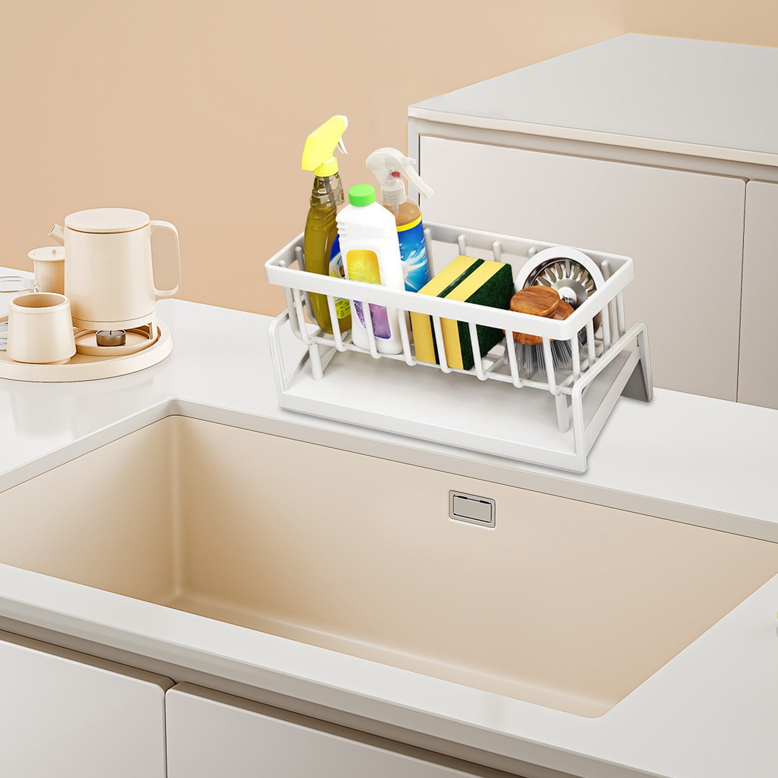Darzheoy Sponge Holder for Kitchen Sink, Auto Draining Kitchen Sink Caddy, Rustproof Steel Dish Sponge Organizer with Removable Dishcloth Rack, Soap Dispenser Brush Holder X-White - Image 5