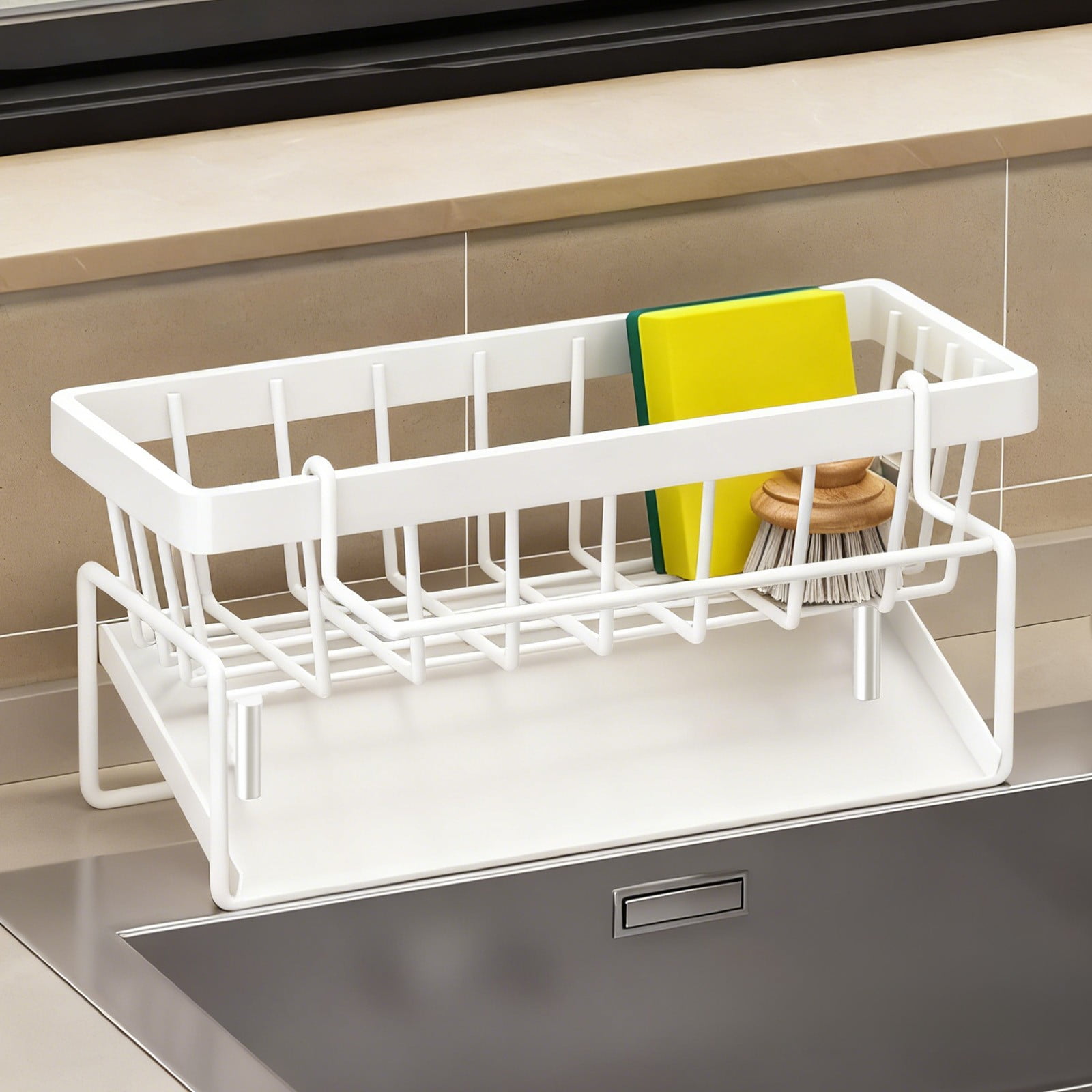 Darzheoy Sponge Holder for Kitchen Sink, Auto Draining Kitchen Sink Caddy, Rustproof Steel Dish Sponge Organizer with Removable Dishcloth Rack, Soap Dispenser Brush Holder X-White - Image 6