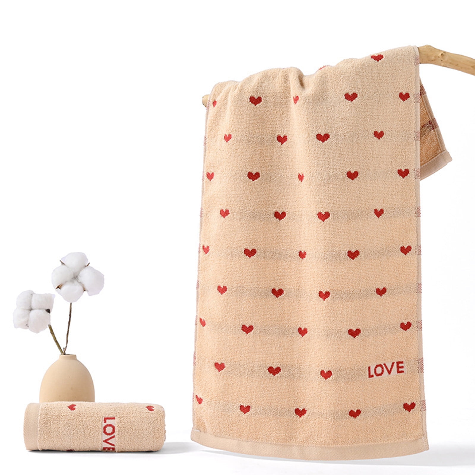 Kdkad Valentines Day Hand Towels, Red White Hearts Cotton Bathroom Towel, Valentines Day Decorative Absorbent Bath Towel for Drying Cleaning Cooking 13.4×29.5 in Coffee - Image 1