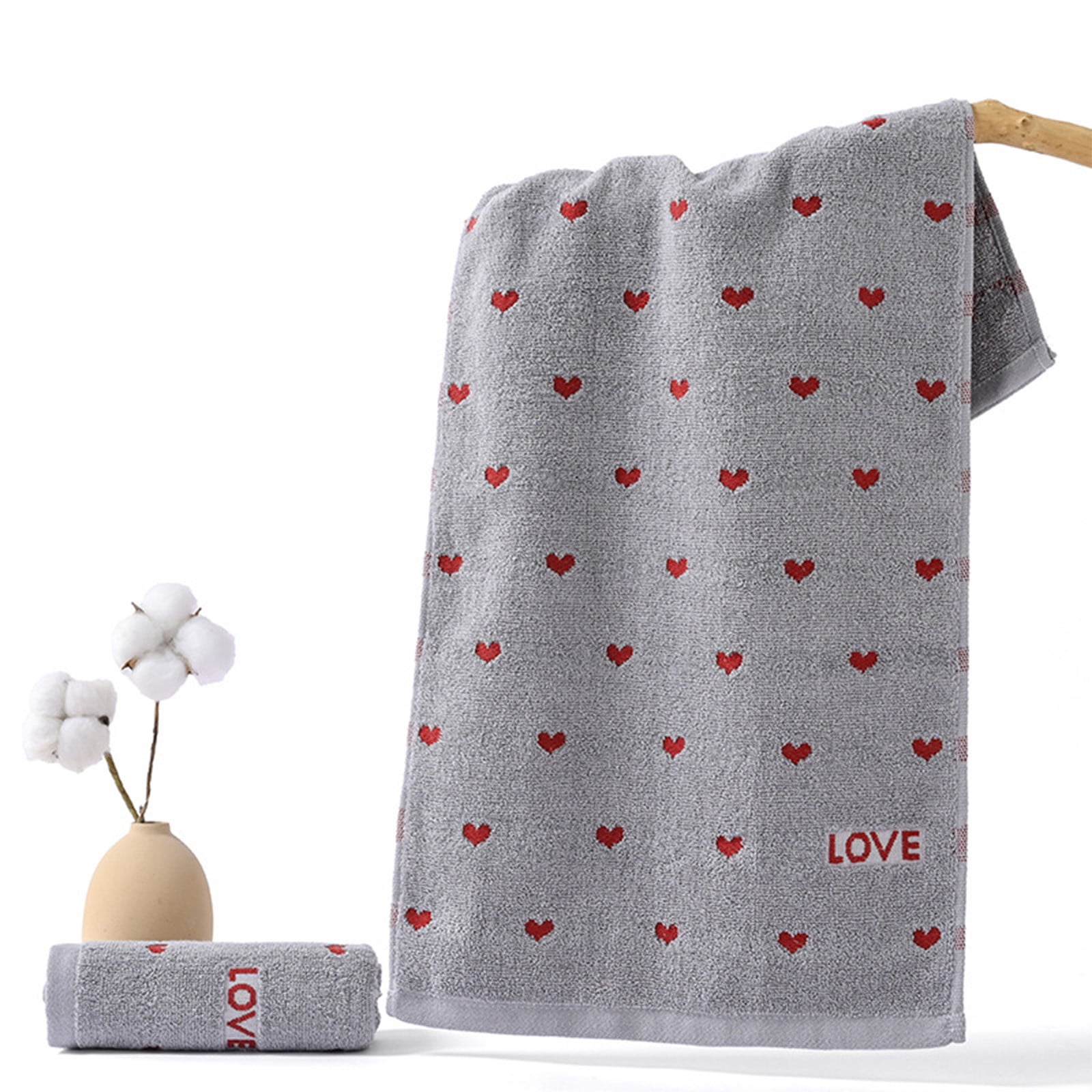 Kdkad Valentines Day Hand Towels, Red White Hearts Cotton Bathroom Towel, Valentines Day Decorative Absorbent Bath Towel for Drying Cleaning Cooking 13.4×29.5 in Gray - Image 1