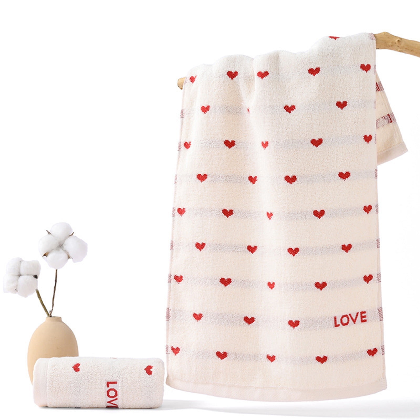 Kdkad Valentines Day Hand Towels, Red White Hearts Cotton Bathroom Towel, Valentines Day Decorative Absorbent Bath Towel for Drying Cleaning Cooking 13.4×29.5 in White - Image 1