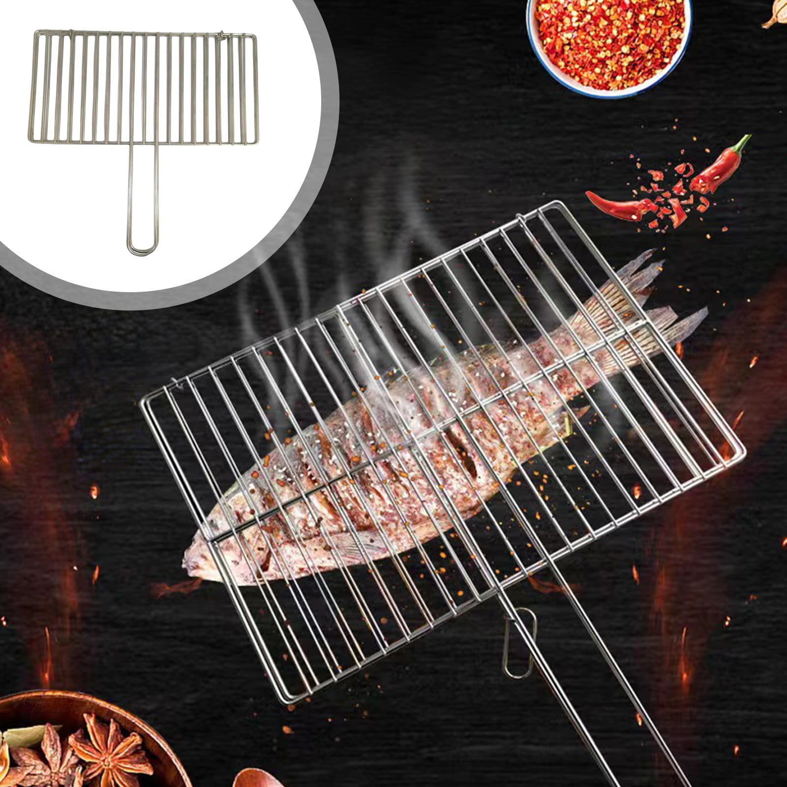 Kdkad Fish Grilling Basket, BBQ Grilling Basket, Folding Portable Stainless Steel BBQ Grill Basket for Fish Vegetables Shrimp with Handle 15×9.4 in Silver - Image 1