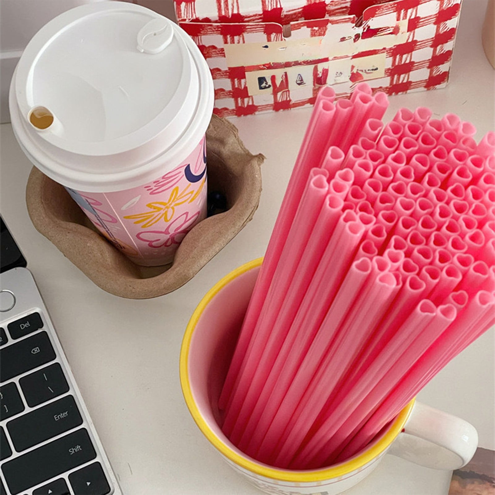 Kdkad Heart Shaped Pink Straws, 50 pc Disposable Drinking Cute Straw, Valentines Day Decorations, Pink Plastic Straw Valentines Day Birthday Party Bridal Shower Wedding Supplies - Image 5