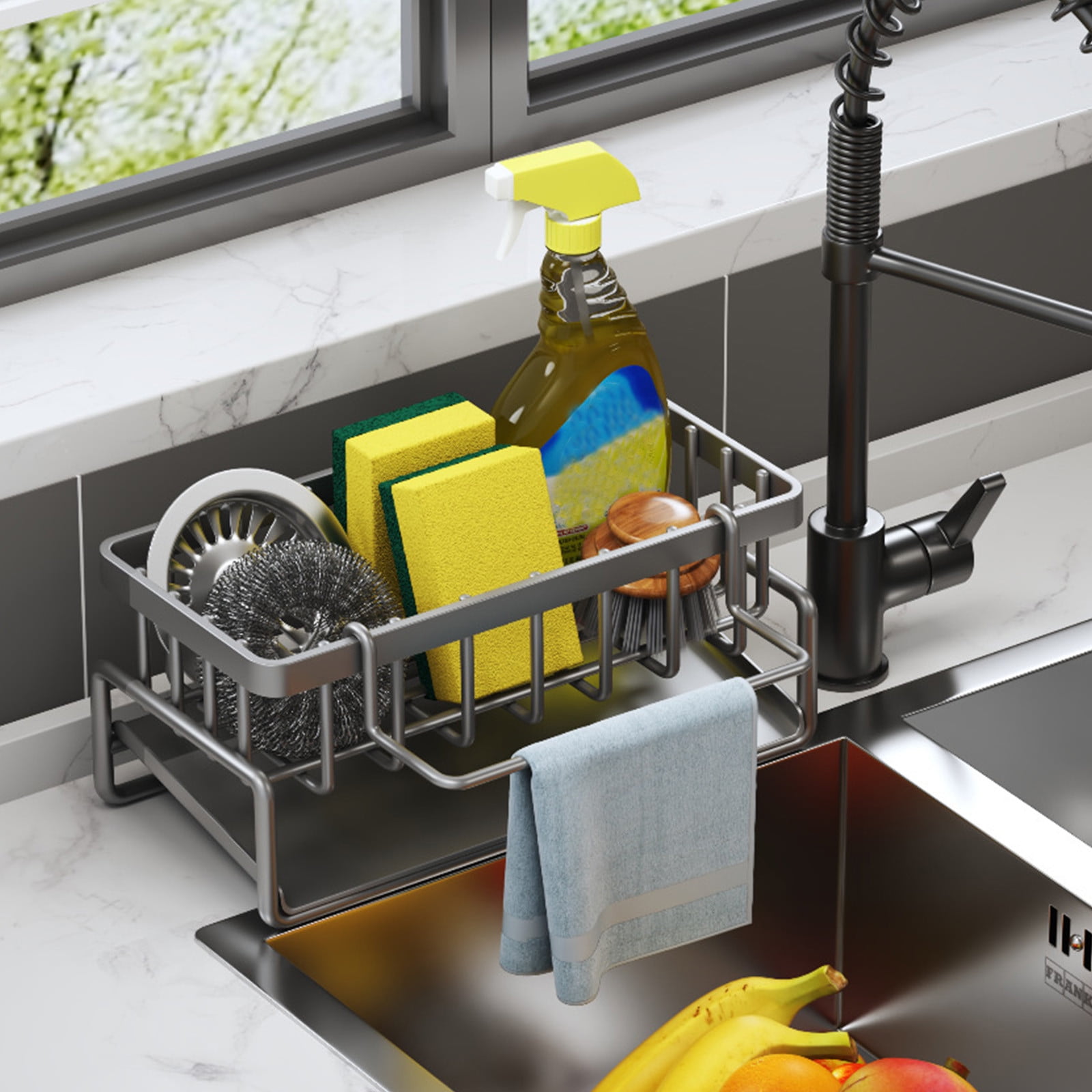 Kdkad Kitchen Sink Sponge Holder, Sponge Holder Kitchen Sink Caddy Organizer with Dish Brush Holder, Rustproof Stainless Steel Sink Sponge Holder with Auto-Draining Tray A - Image 1