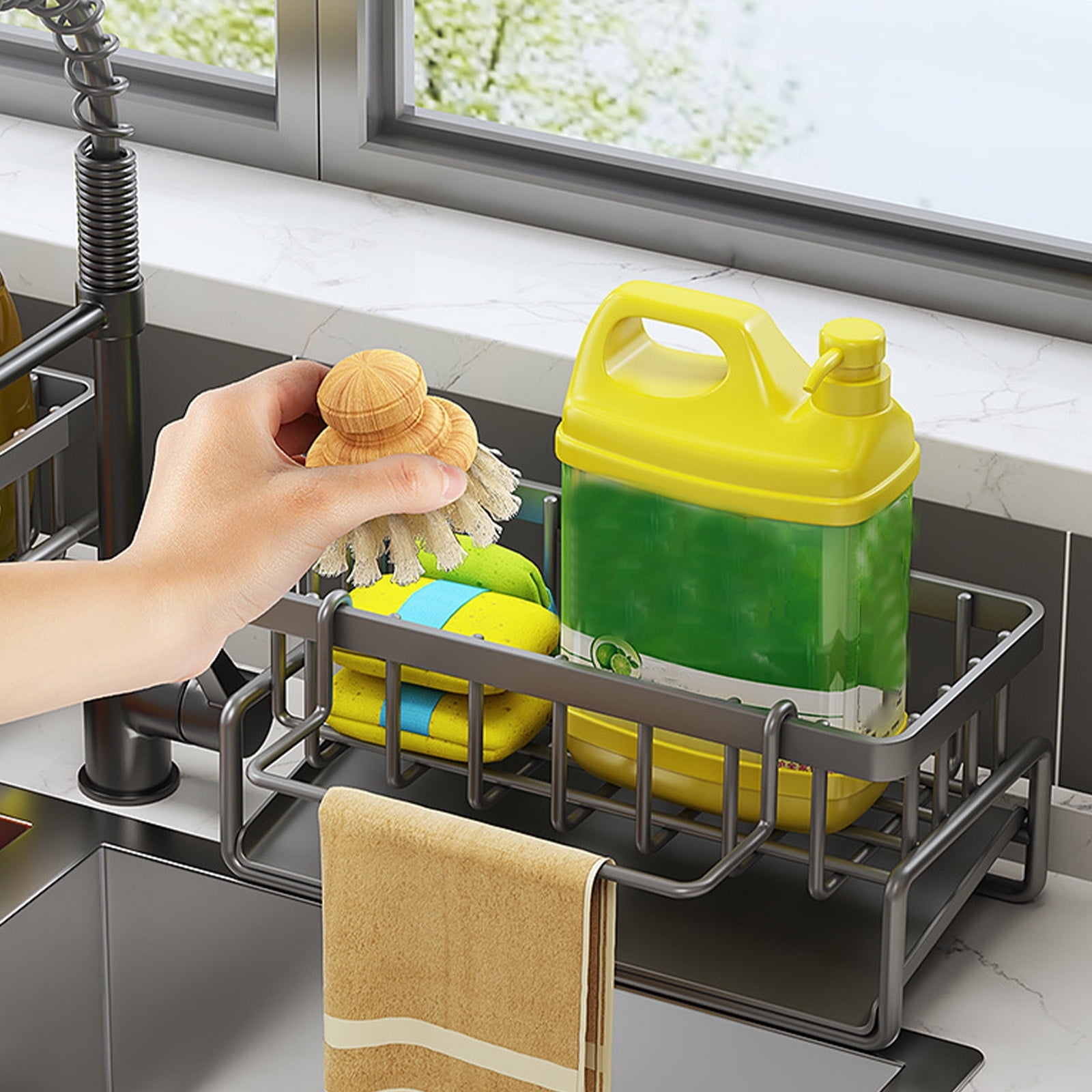 Kdkad Kitchen Sink Sponge Holder, Sponge Holder Kitchen Sink Caddy Organizer with Dish Brush Holder, Rustproof Stainless Steel Sink Sponge Holder with Auto-Draining Tray A - Image 4