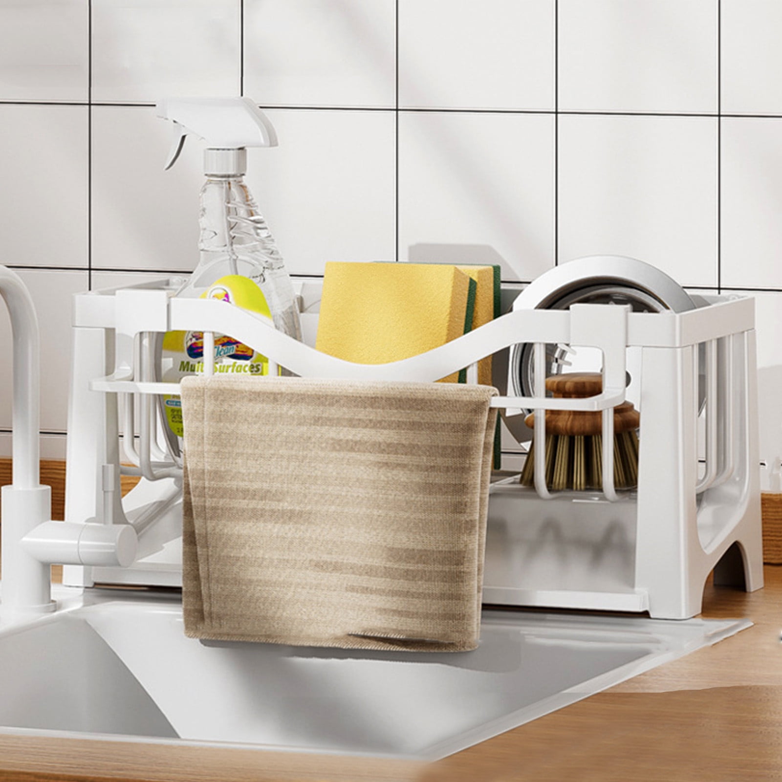 Kdkad Kitchen Sink Sponge Holder, Sponge Holder Kitchen Sink Caddy Organizer with Dish Brush Holder, Rustproof Stainless Steel Sink Sponge Holder with Auto-Draining Tray C - Image 1