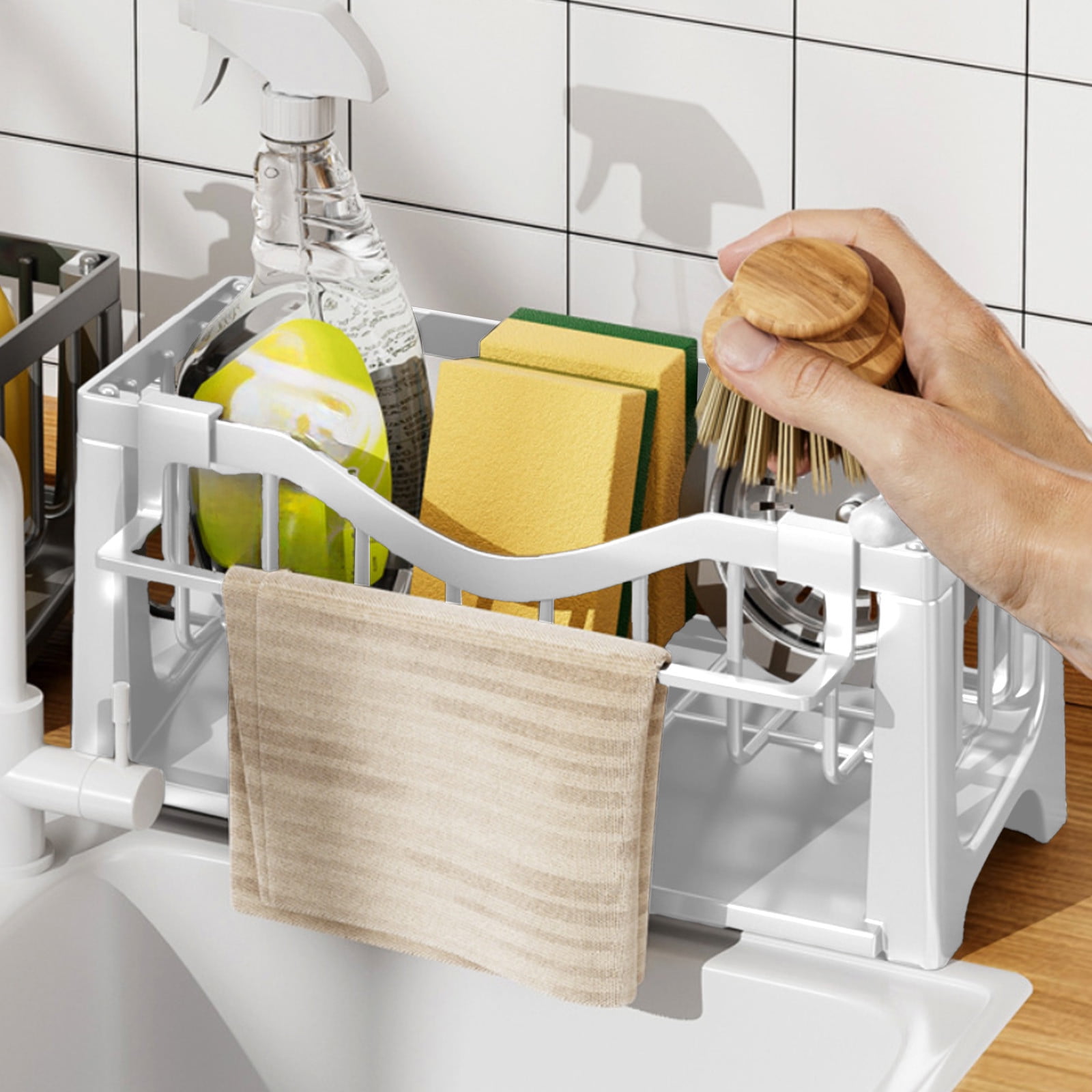 Kdkad Kitchen Sink Sponge Holder, Sponge Holder Kitchen Sink Caddy Organizer with Dish Brush Holder, Rustproof Stainless Steel Sink Sponge Holder with Auto-Draining Tray C - Image 5