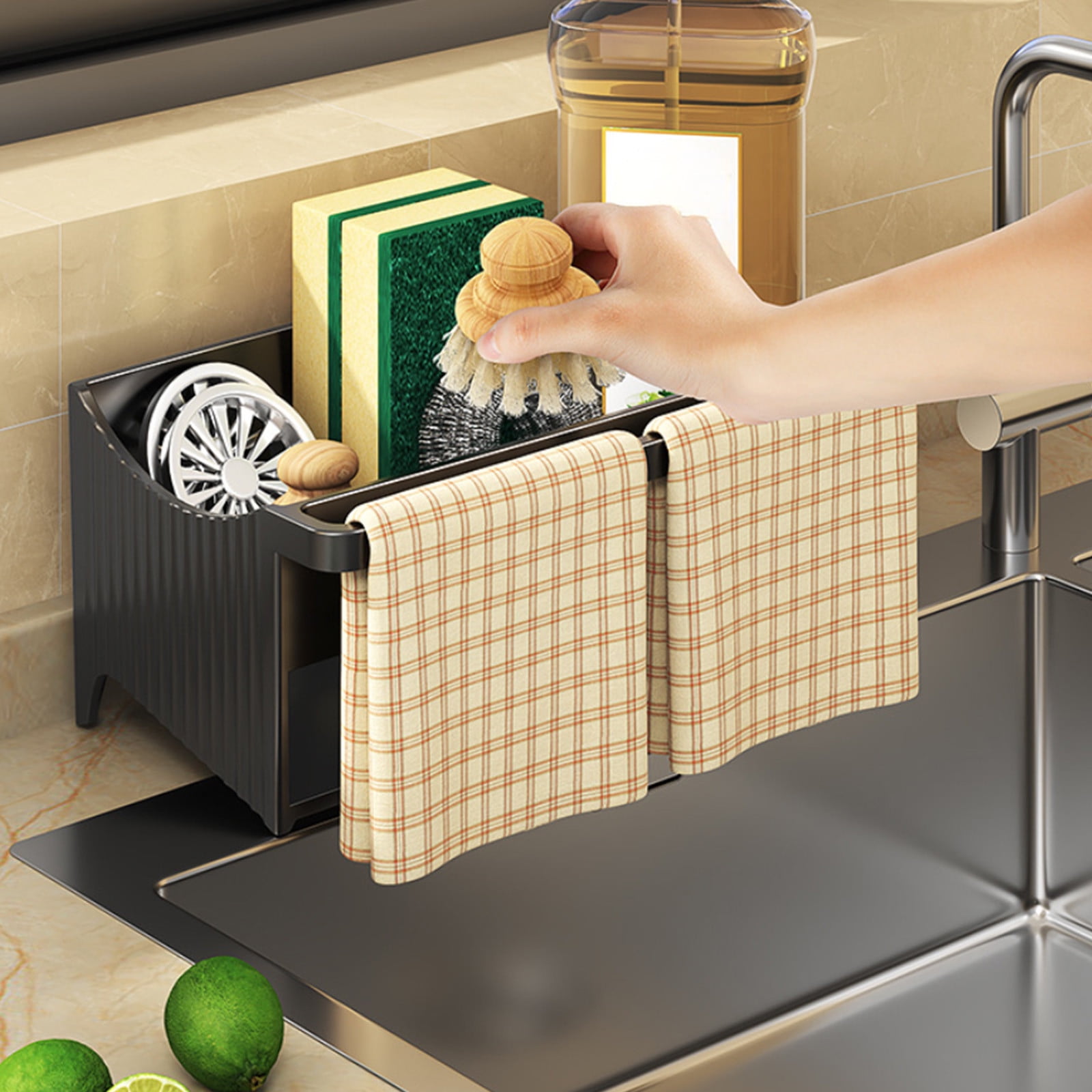 Kdkad Kitchen Sink Sponge Holder, Sponge Holder Kitchen Sink Caddy Organizer with Dish Brush Holder, Rustproof Stainless Steel Sink Sponge Holder with Auto-Draining Tray E - Image 5