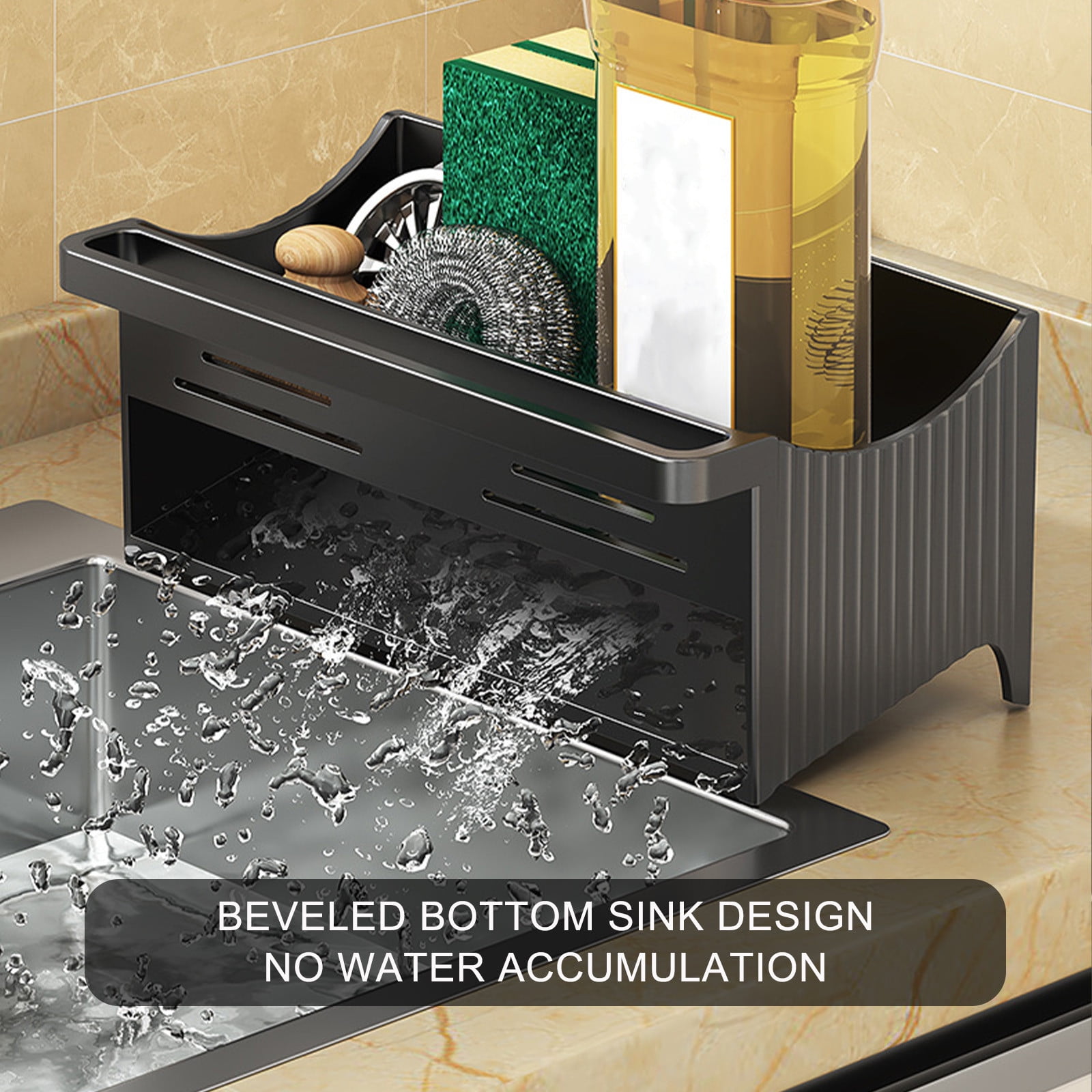 Kdkad Kitchen Sink Sponge Holder, Sponge Holder Kitchen Sink Caddy Organizer with Dish Brush Holder, Rustproof Stainless Steel Sink Sponge Holder with Auto-Draining Tray E - Image 7