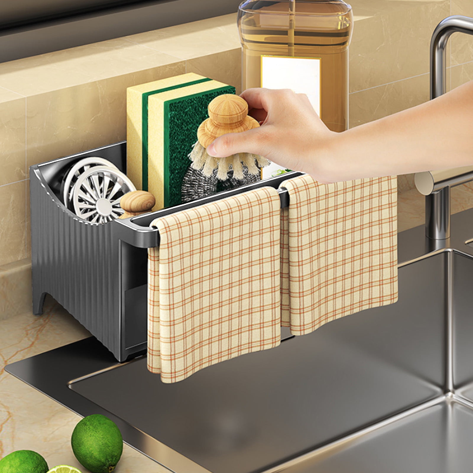 Kdkad Kitchen Sink Sponge Holder, Sponge Holder Kitchen Sink Caddy Organizer with Dish Brush Holder, Rustproof Stainless Steel Sink Sponge Holder with Auto-Draining Tray F - Image 5