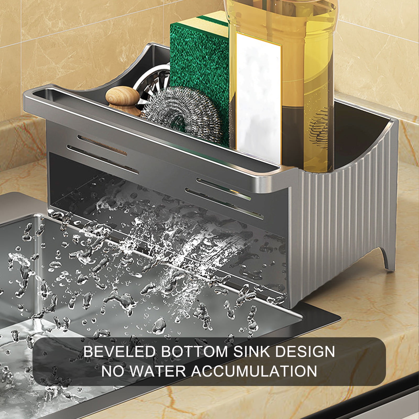 Kdkad Kitchen Sink Sponge Holder, Sponge Holder Kitchen Sink Caddy Organizer with Dish Brush Holder, Rustproof Stainless Steel Sink Sponge Holder with Auto-Draining Tray F - Image 6