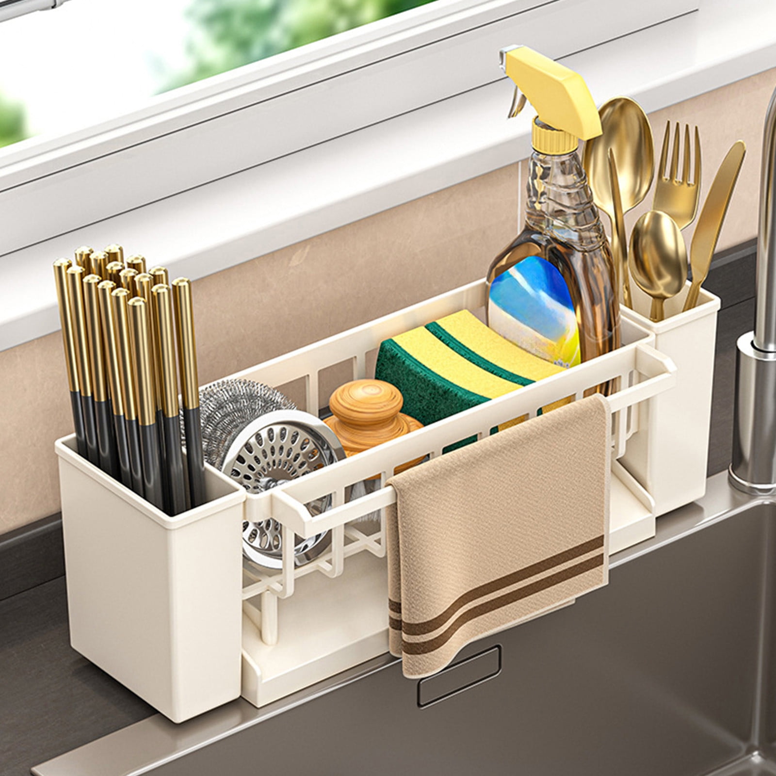 Kdkad Kitchen Sink Sponge Holder, Sponge Holder Kitchen Sink Caddy Organizer with Dish Brush Holder, Rustproof Stainless Steel Sink Sponge Holder with Auto-Draining Tray G - Image 1