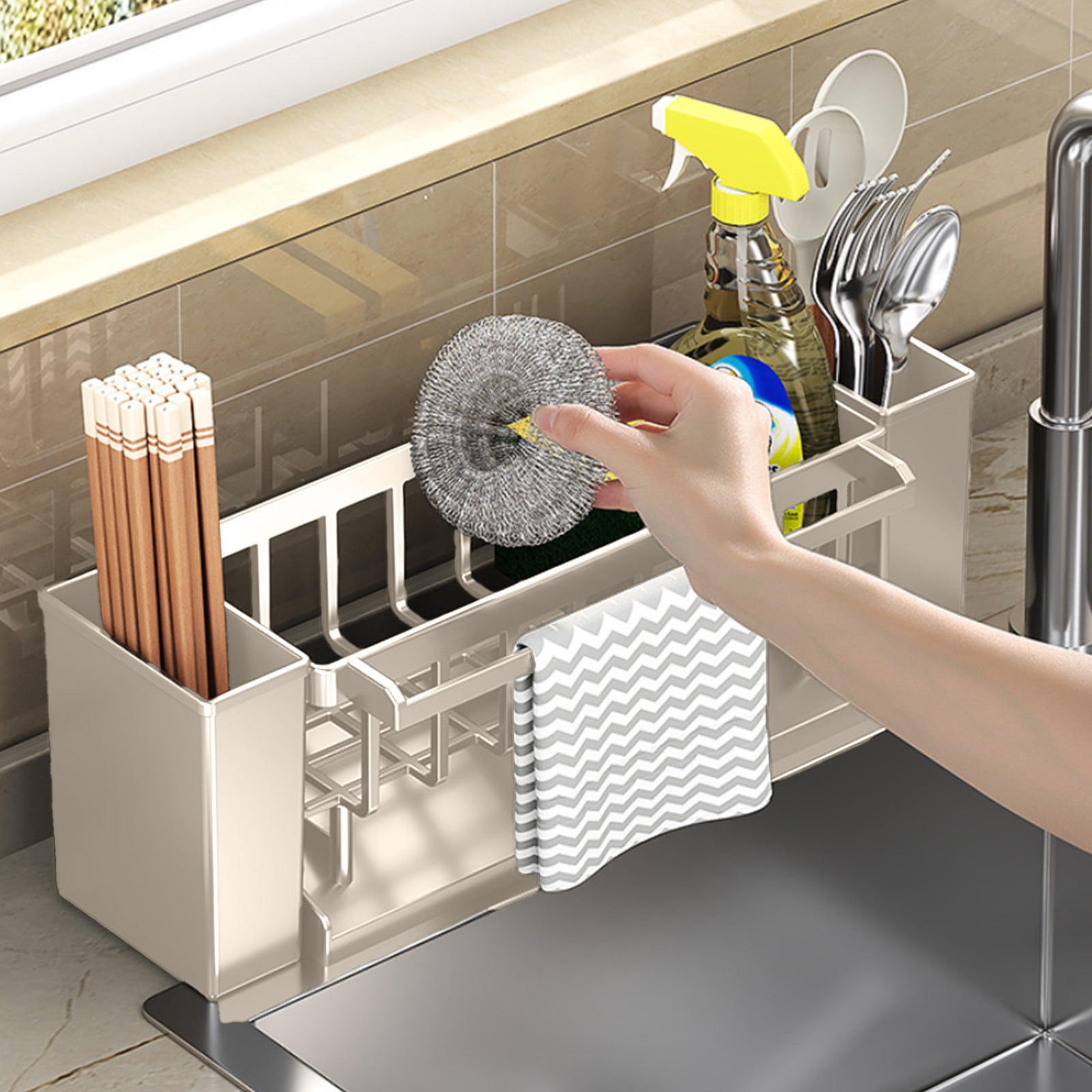 Kdkad Kitchen Sink Sponge Holder, Sponge Holder Kitchen Sink Caddy Organizer with Dish Brush Holder, Rustproof Stainless Steel Sink Sponge Holder with Auto-Draining Tray G - Image 5
