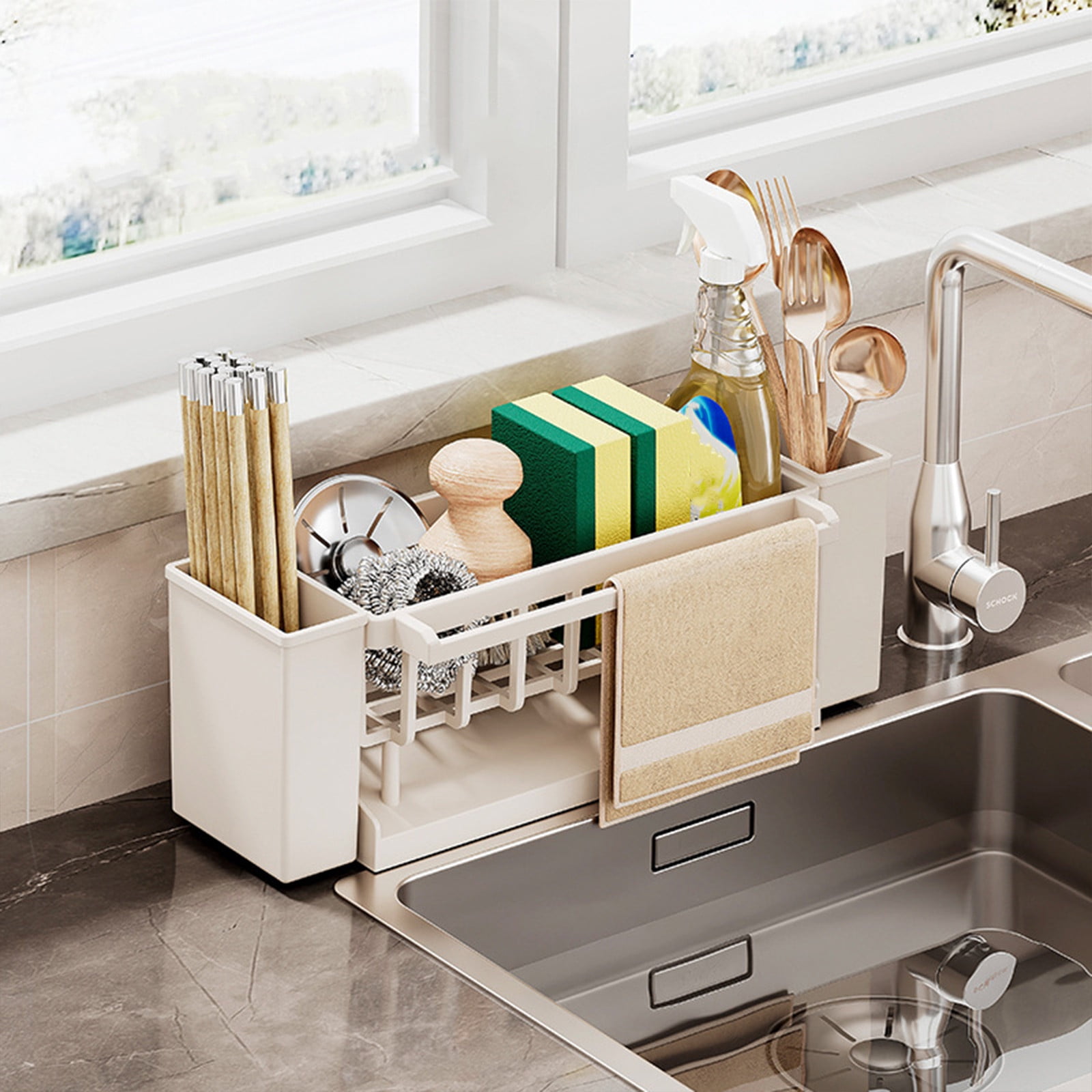 Kdkad Kitchen Sink Sponge Holder, Sponge Holder Kitchen Sink Caddy Organizer with Dish Brush Holder, Rustproof Stainless Steel Sink Sponge Holder with Auto-Draining Tray G - Image 7