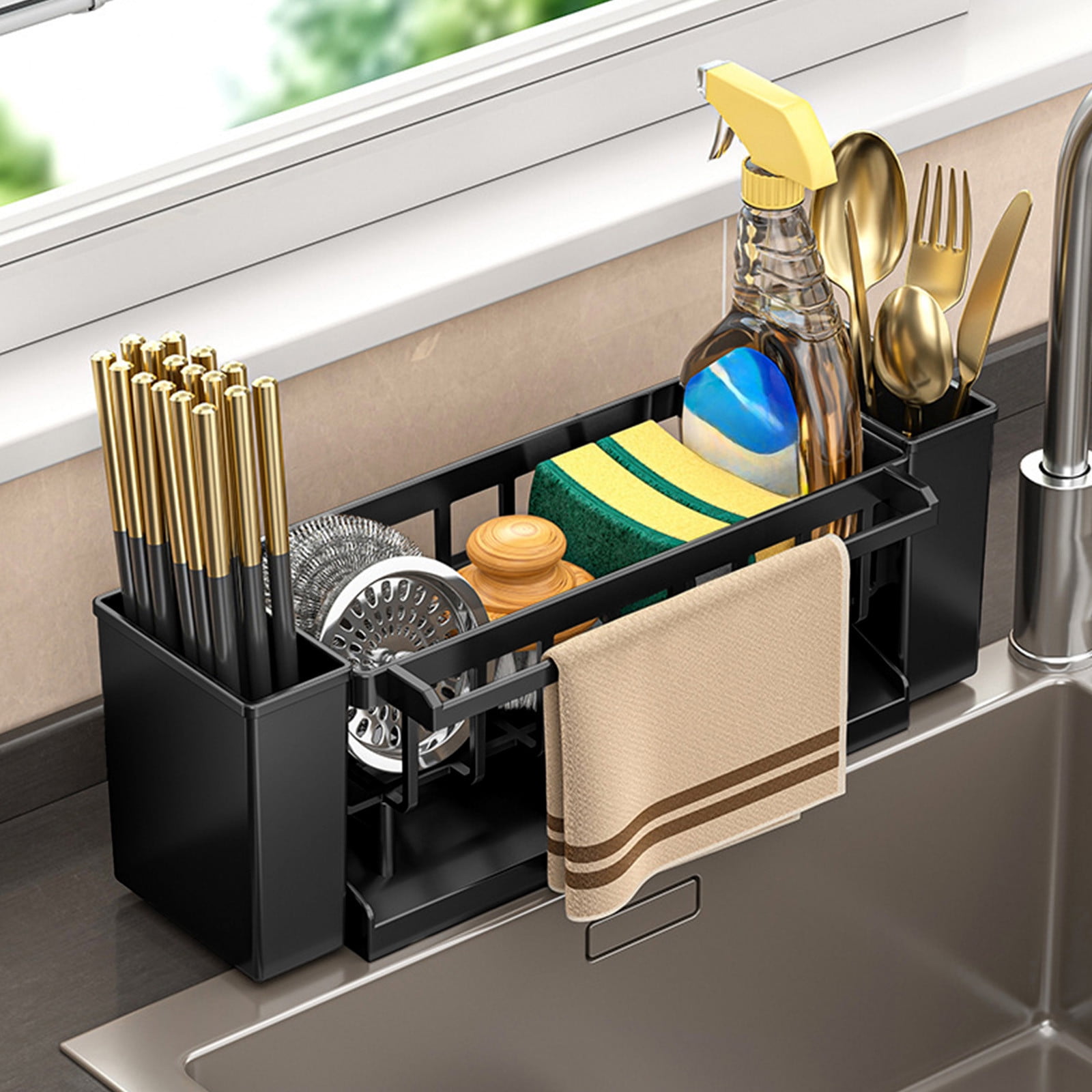 Kdkad Kitchen Sink Sponge Holder, Sponge Holder Kitchen Sink Caddy Organizer with Dish Brush Holder, Rustproof Stainless Steel Sink Sponge Holder with Auto-Draining Tray H - Image 1
