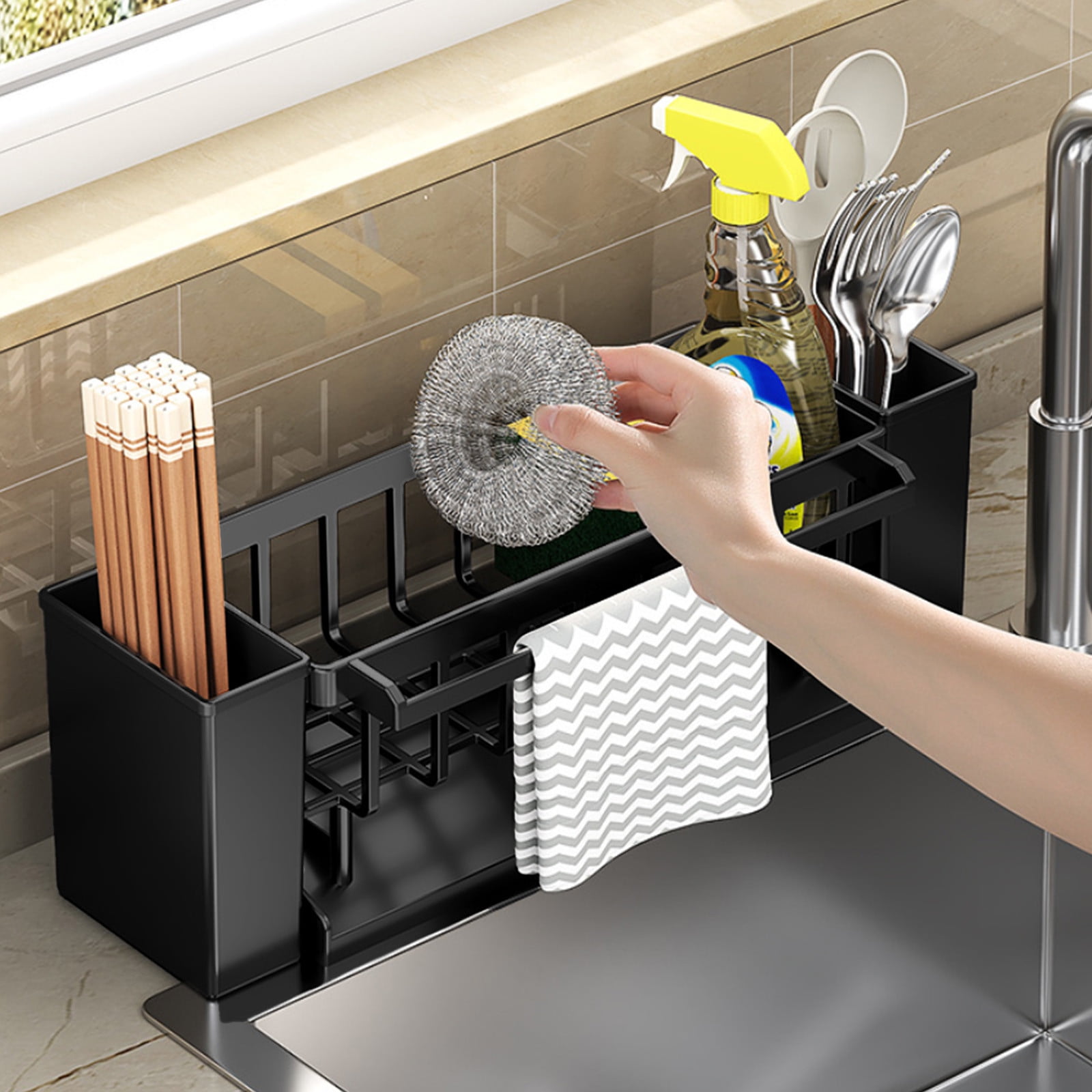 Kdkad Kitchen Sink Sponge Holder, Sponge Holder Kitchen Sink Caddy Organizer with Dish Brush Holder, Rustproof Stainless Steel Sink Sponge Holder with Auto-Draining Tray H - Image 4