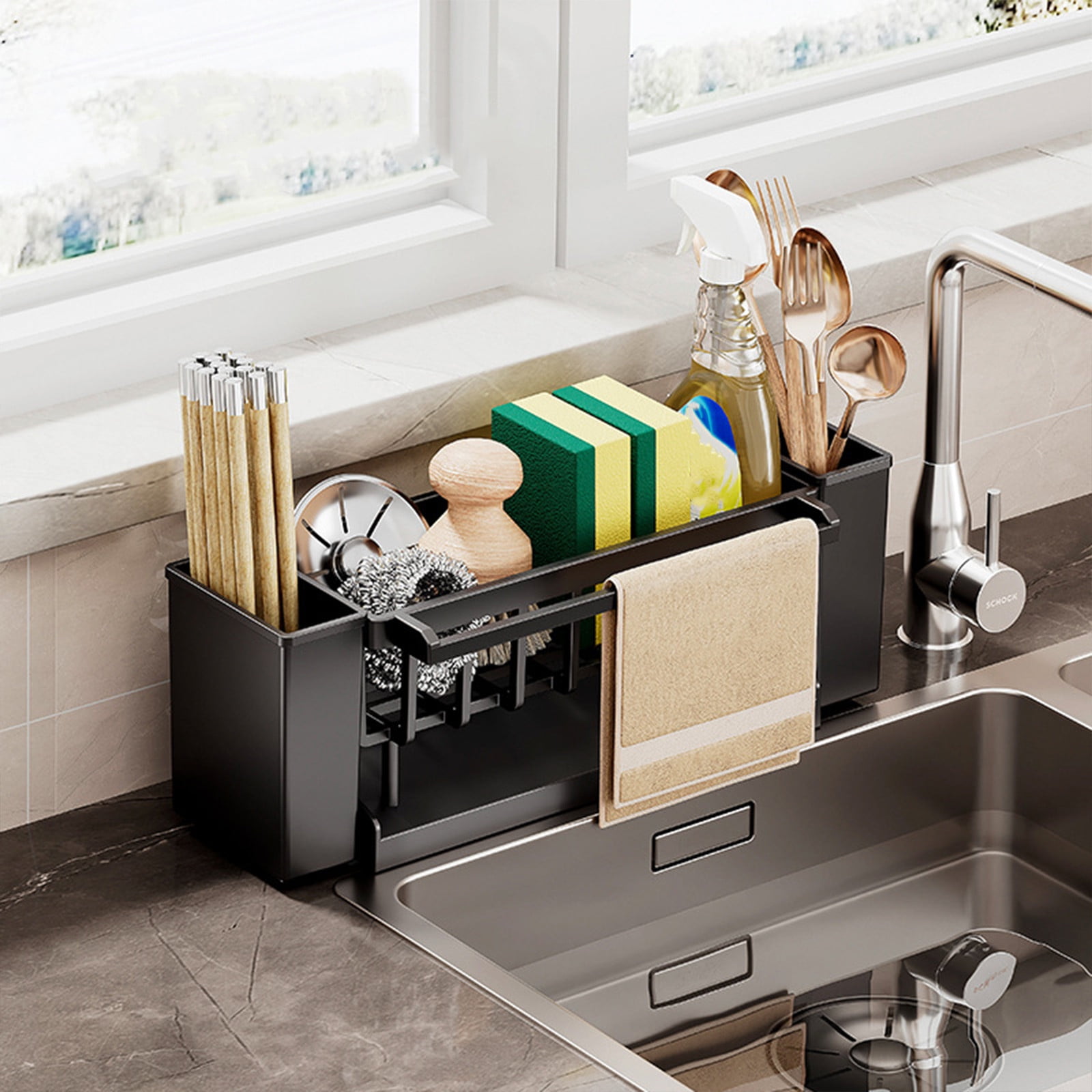 Kdkad Kitchen Sink Sponge Holder, Sponge Holder Kitchen Sink Caddy Organizer with Dish Brush Holder, Rustproof Stainless Steel Sink Sponge Holder with Auto-Draining Tray H - Image 5