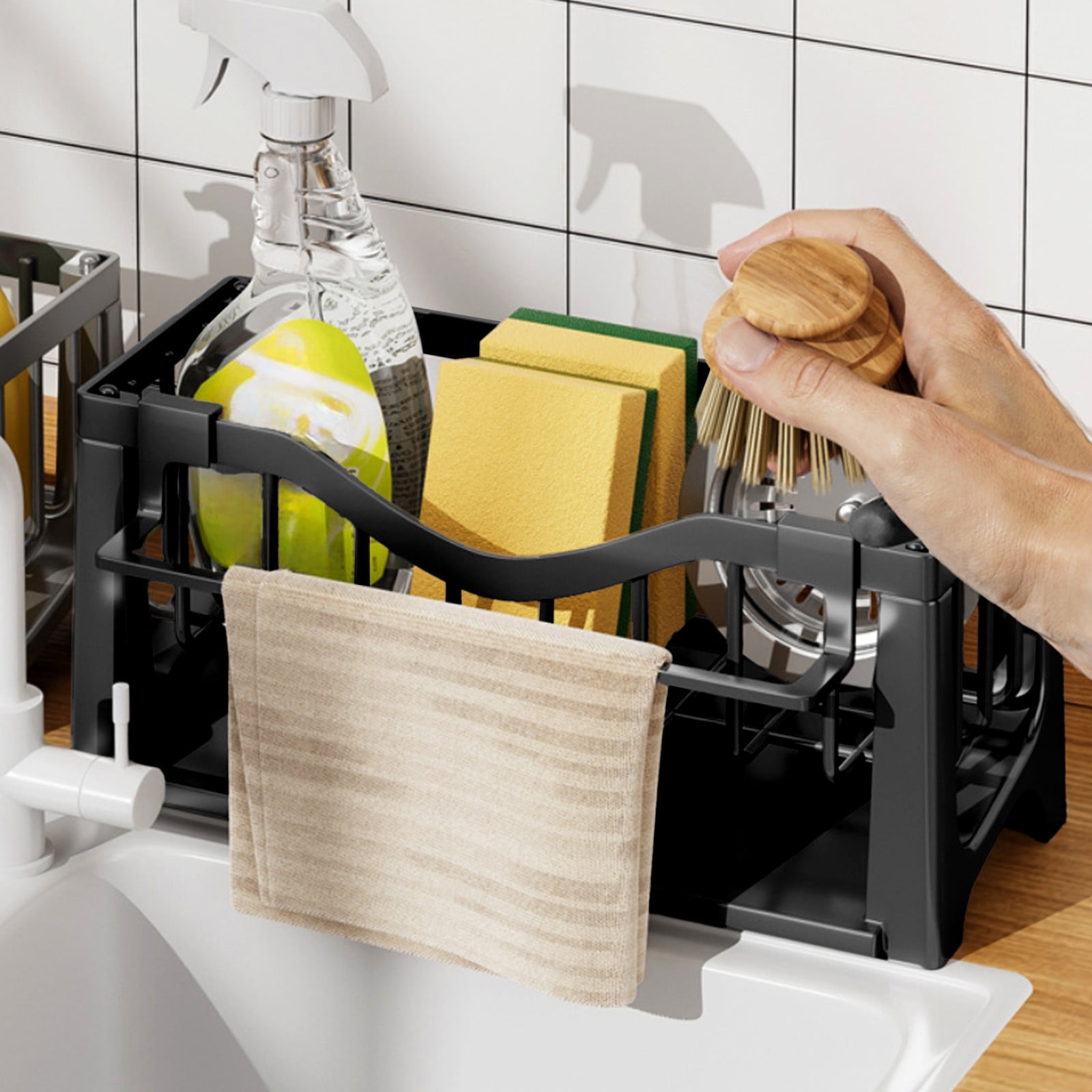 Kdkad Kitchen Sink Sponge Holder, Sponge Holder Kitchen Sink Caddy Organizer with Dish Brush Holder, Rustproof Stainless Steel Sink Sponge Holder with Auto-Draining Tray J - Image 7