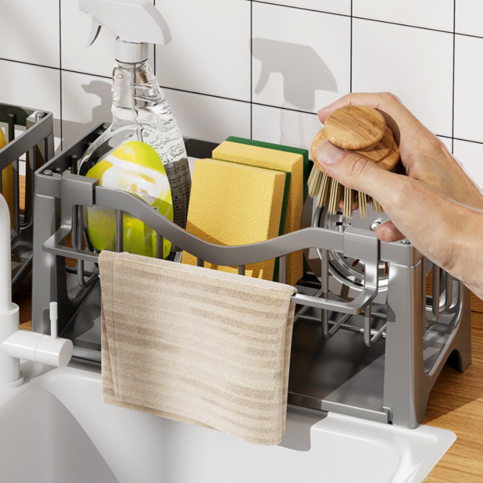 Kdkad Kitchen Sink Sponge Holder, Sponge Holder Kitchen Sink Caddy Organizer with Dish Brush Holder, Rustproof Stainless Steel Sink Sponge Holder with Auto-Draining Tray K - Image 4