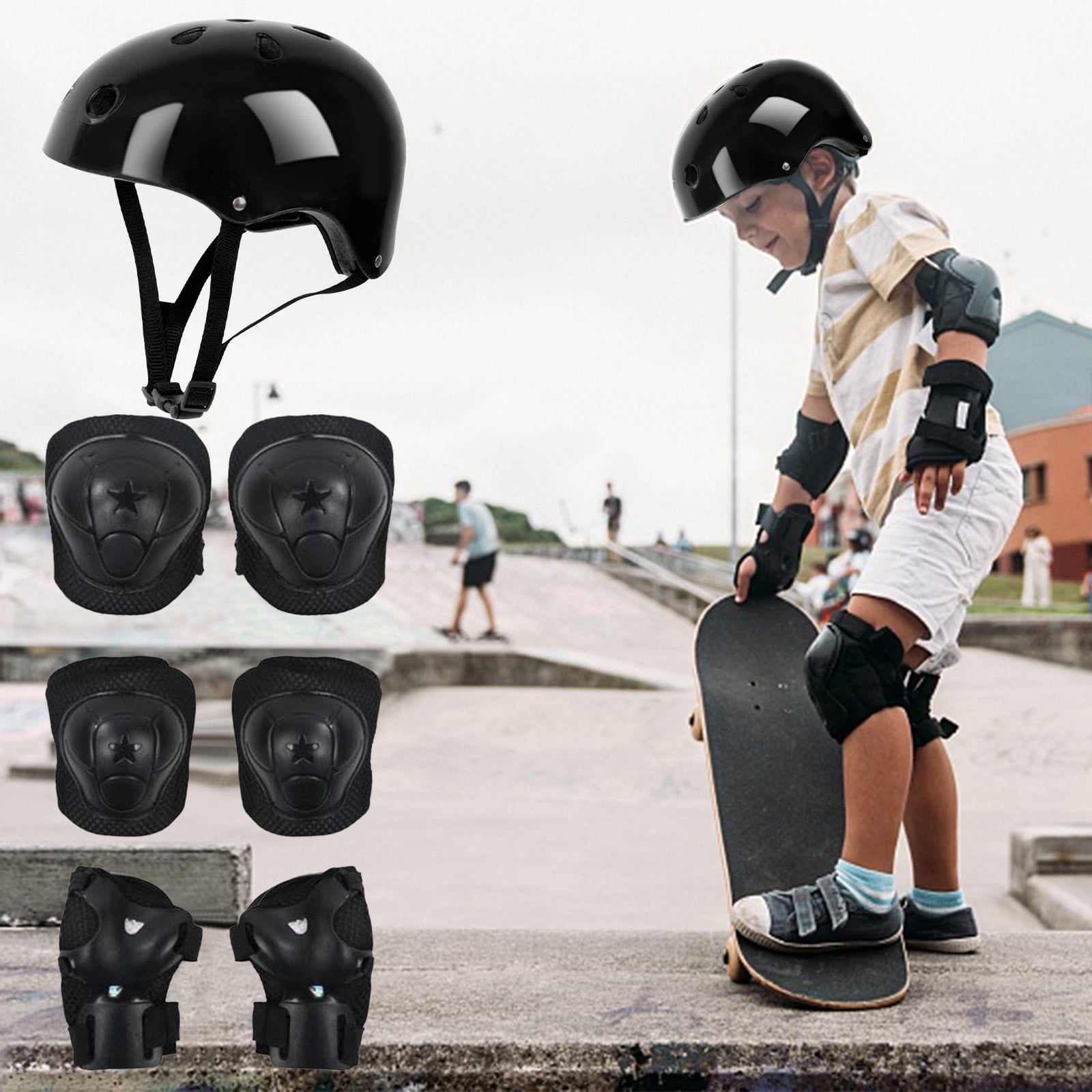 Darzheoy Kids Helmet Knee Elbow Pads Wrist Guard Sport Protective Gear Adjustable Scooter Skateboard Roller Bike Skate Cycling Set for Boy Girl Black - Image 3